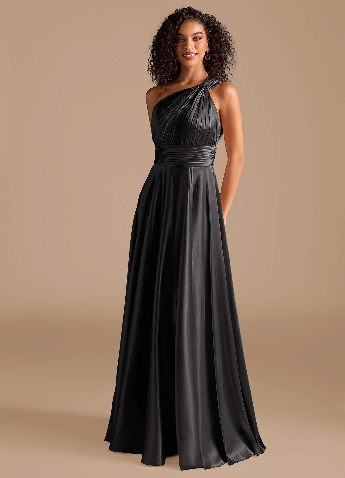 Azazie Charlize Bridesmaid Dresses Black A-Line One Shoulder Metallic Satin Dress image1