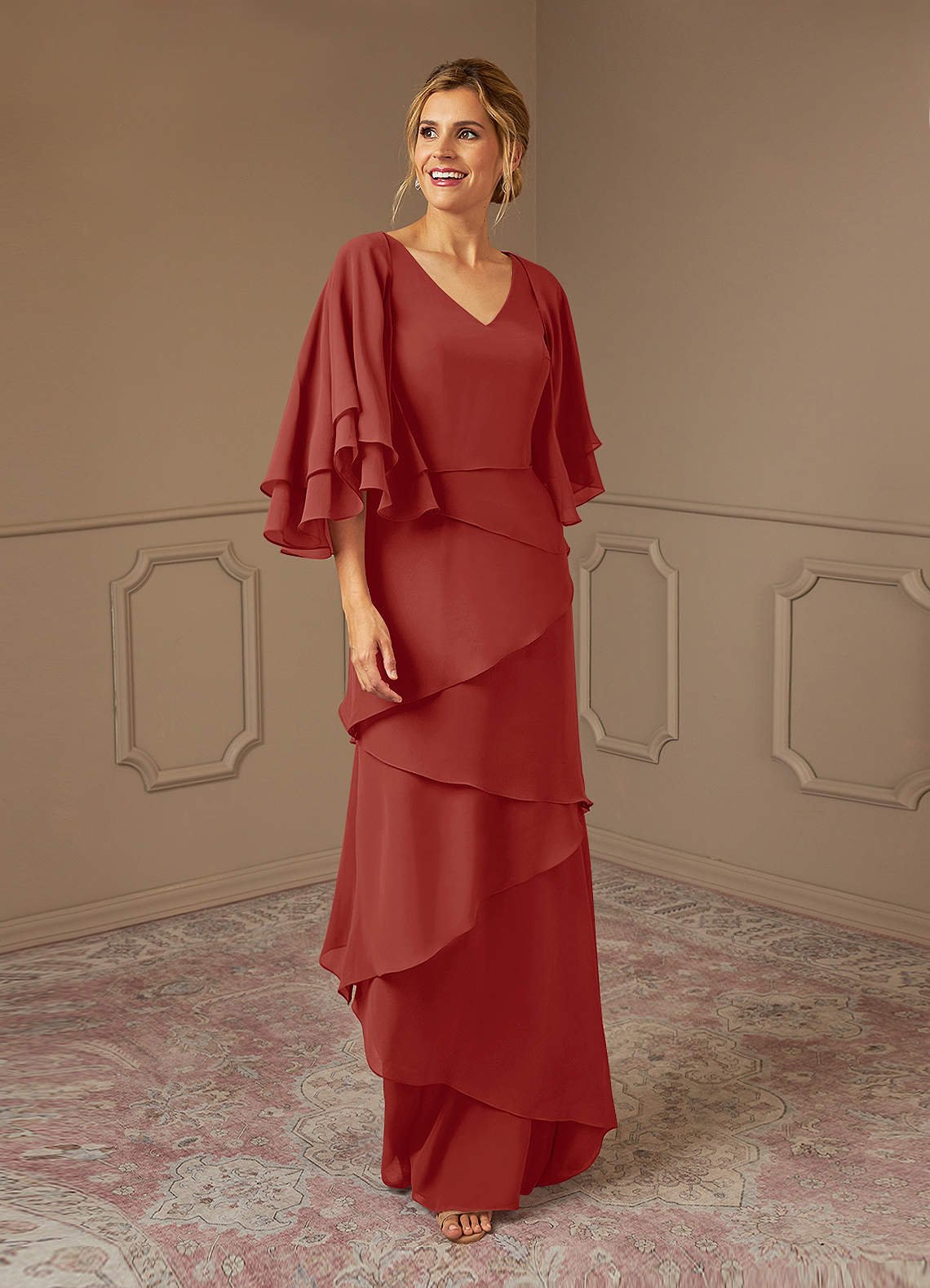 Azazie OHara Mother of the Bride Dresses Terracotta A-Line V-Neck Chiffon Dress image1