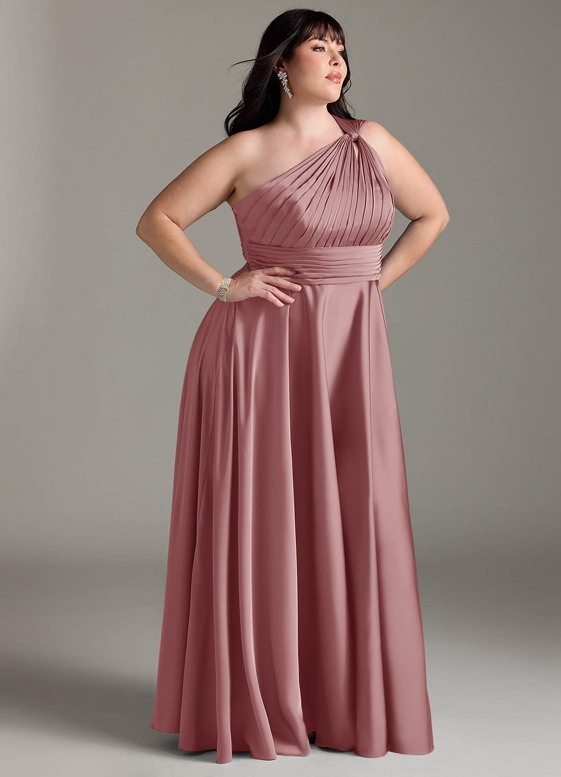 Azazie Charlize Bridesmaid Dresses Dusty Rose A-Line One Shoulder Stretch Satin Dress image11