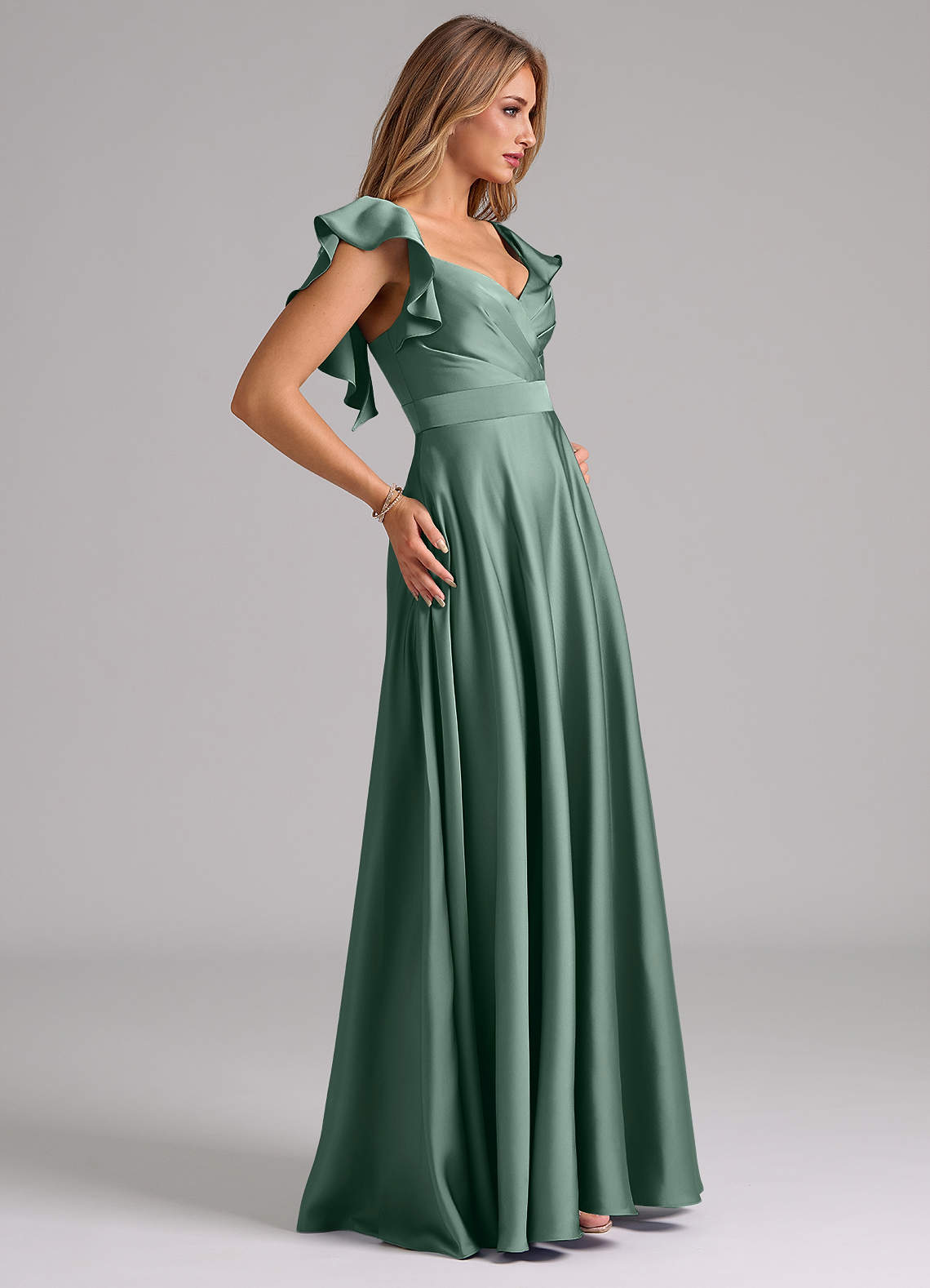 Azazie Leilani Bridesmaid Dresses Eucalyptus A-Line Ruched Stretch Satin Dress image5