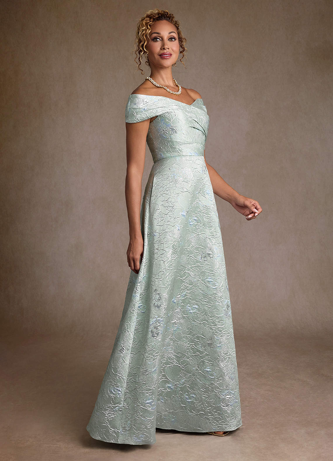 Azazie Lacey Mother of the Bride Dresses Agave Jacquard A-Line Off the Shoulder Floral Jacquard Dress image2