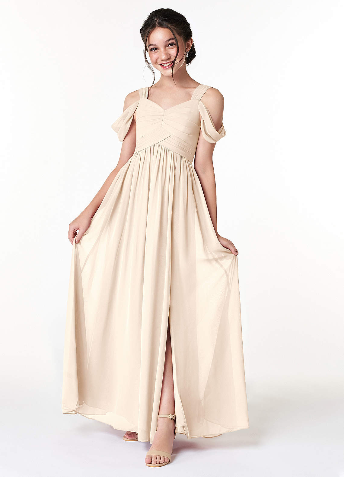 Azazie Lianne Junior White Alabaster A-Line Off the Shoulder Chiffon Dress image1