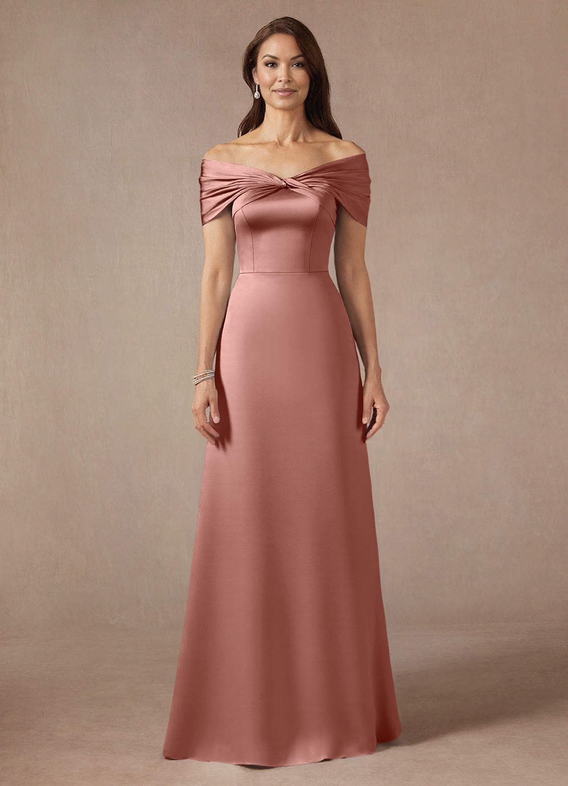 Azazie Amelia Mother of the Bride Dresses Rosette A-Line Off the Shoulder Stretch Satin Dress image2