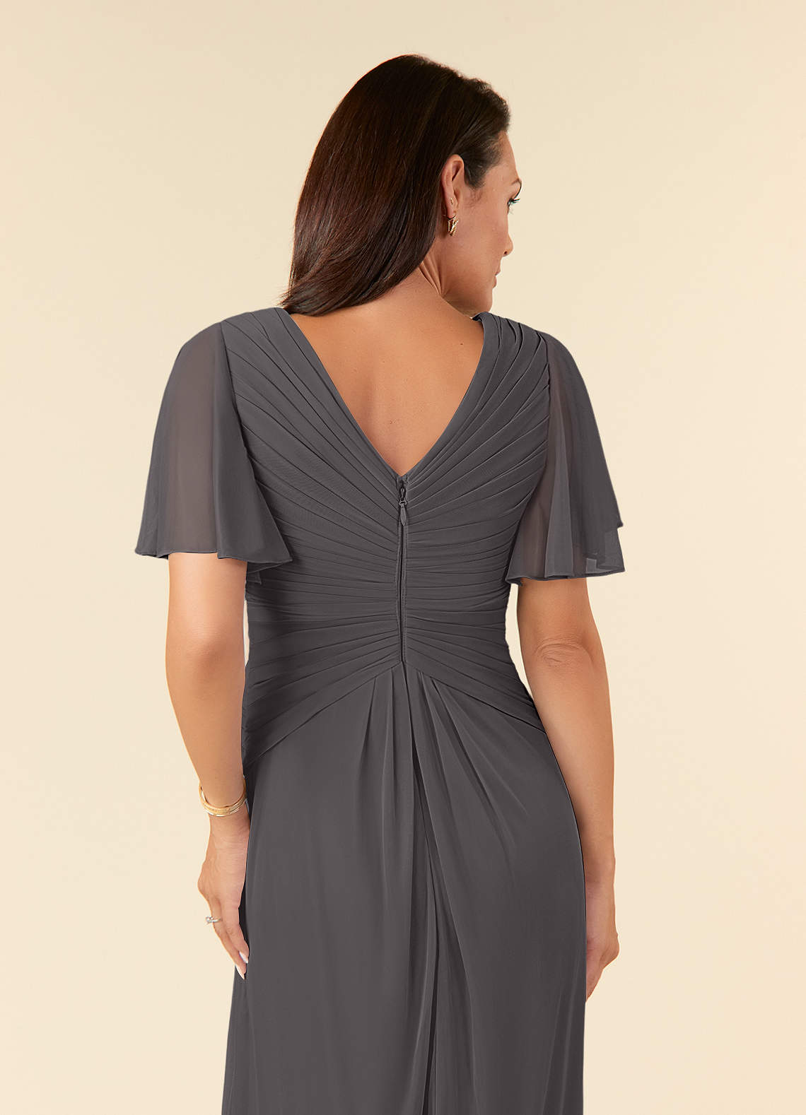Azazie Emmeline Mother of the Bride Dresses Steel Grey A-Line V-Neck Pleated Mesh Dress image5