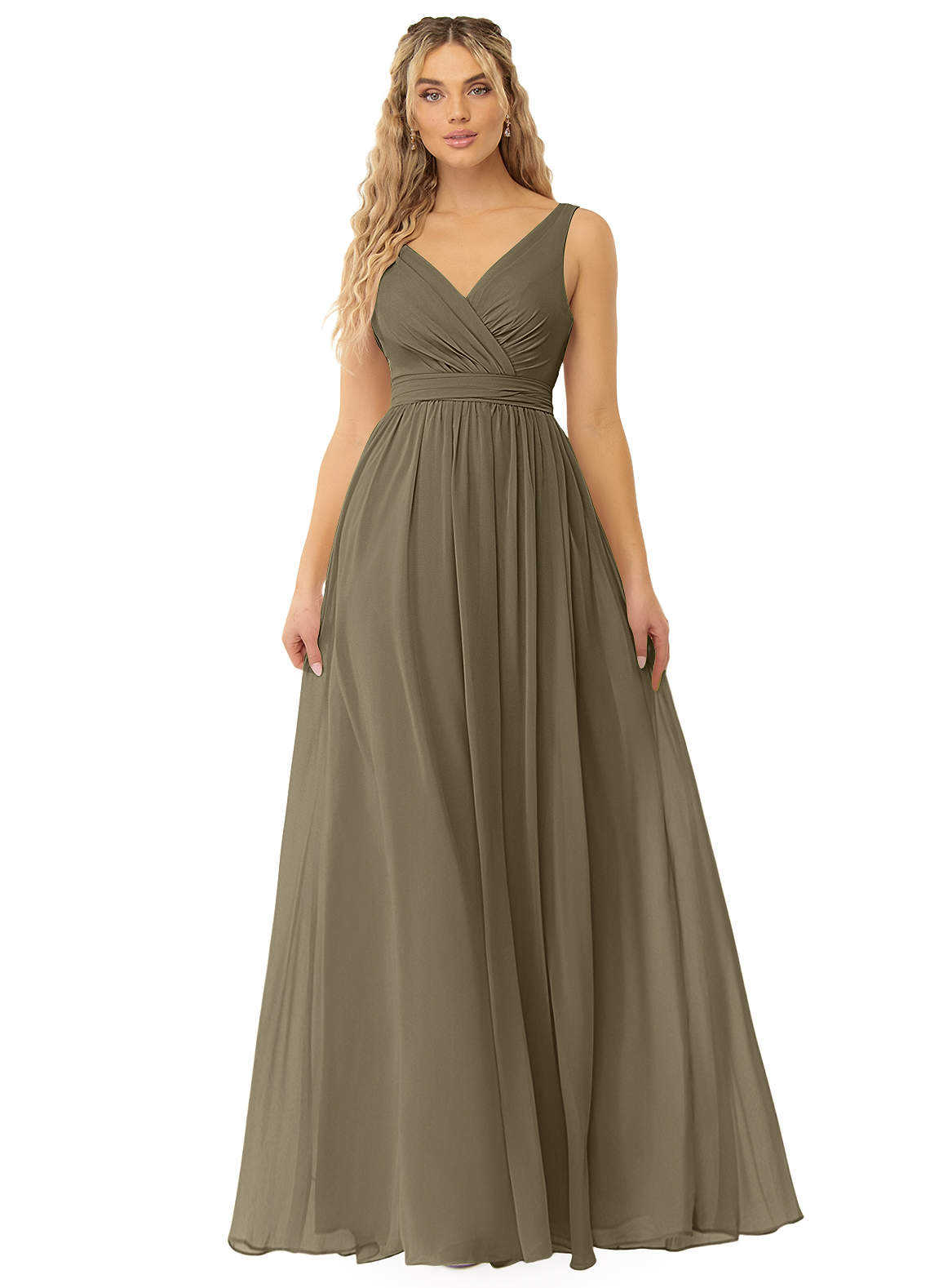 Azazie Kora Bridesmaid Dresses Willow Green A-Line Pleated Chiffon Dress image1