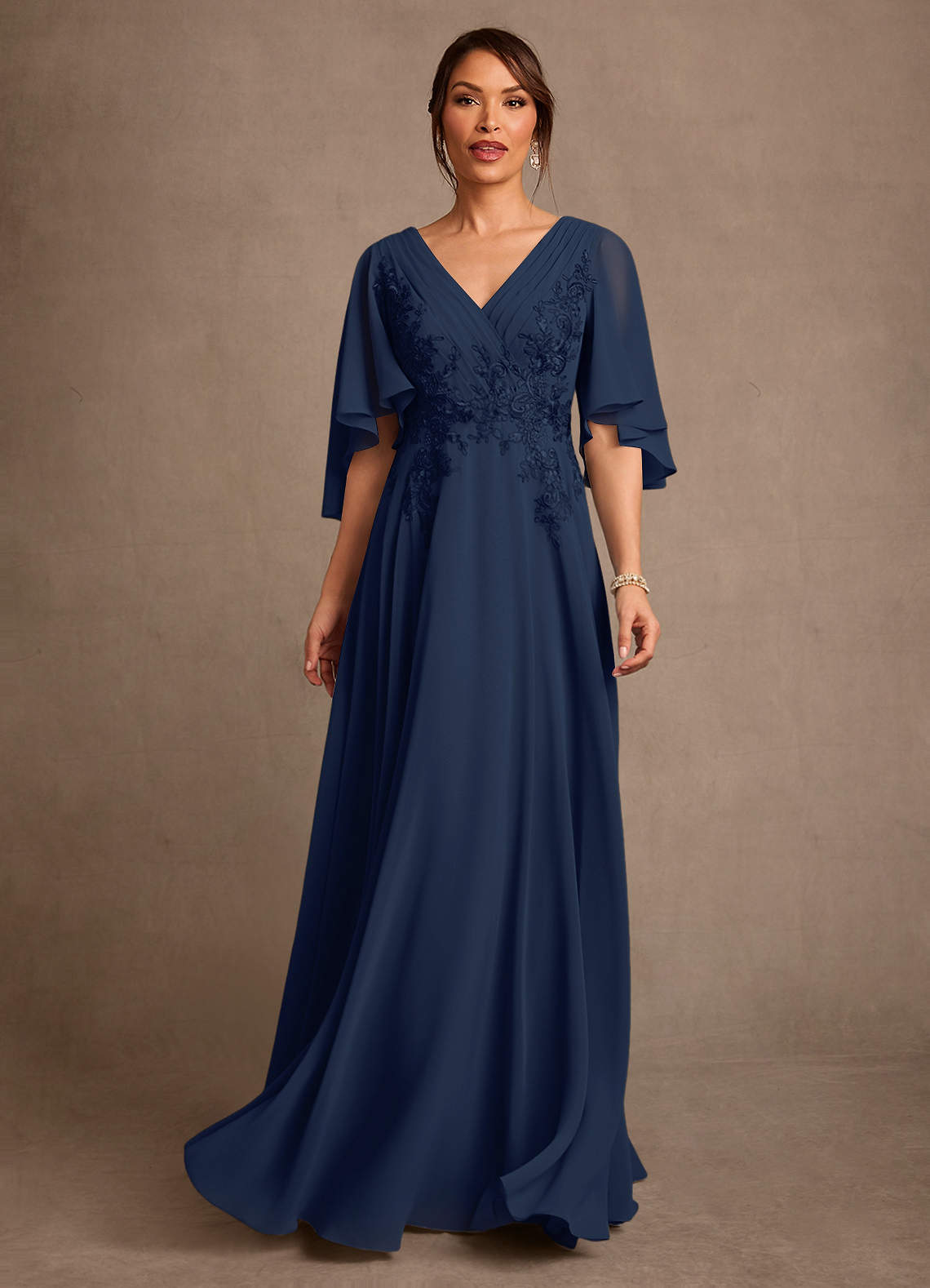 Azazie Tilda Dark Navy A-Line Lace Chiffon Dress | Azazie