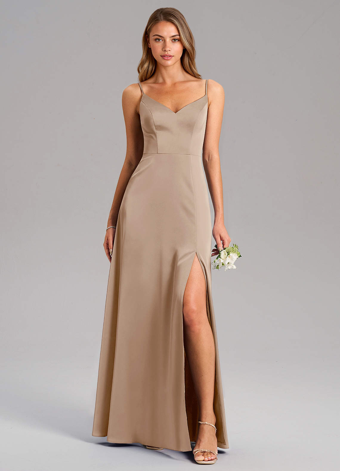 Azazie Talina Brautjungfernkleider A-Linie Stretch-Satin Kleid Taupe image1