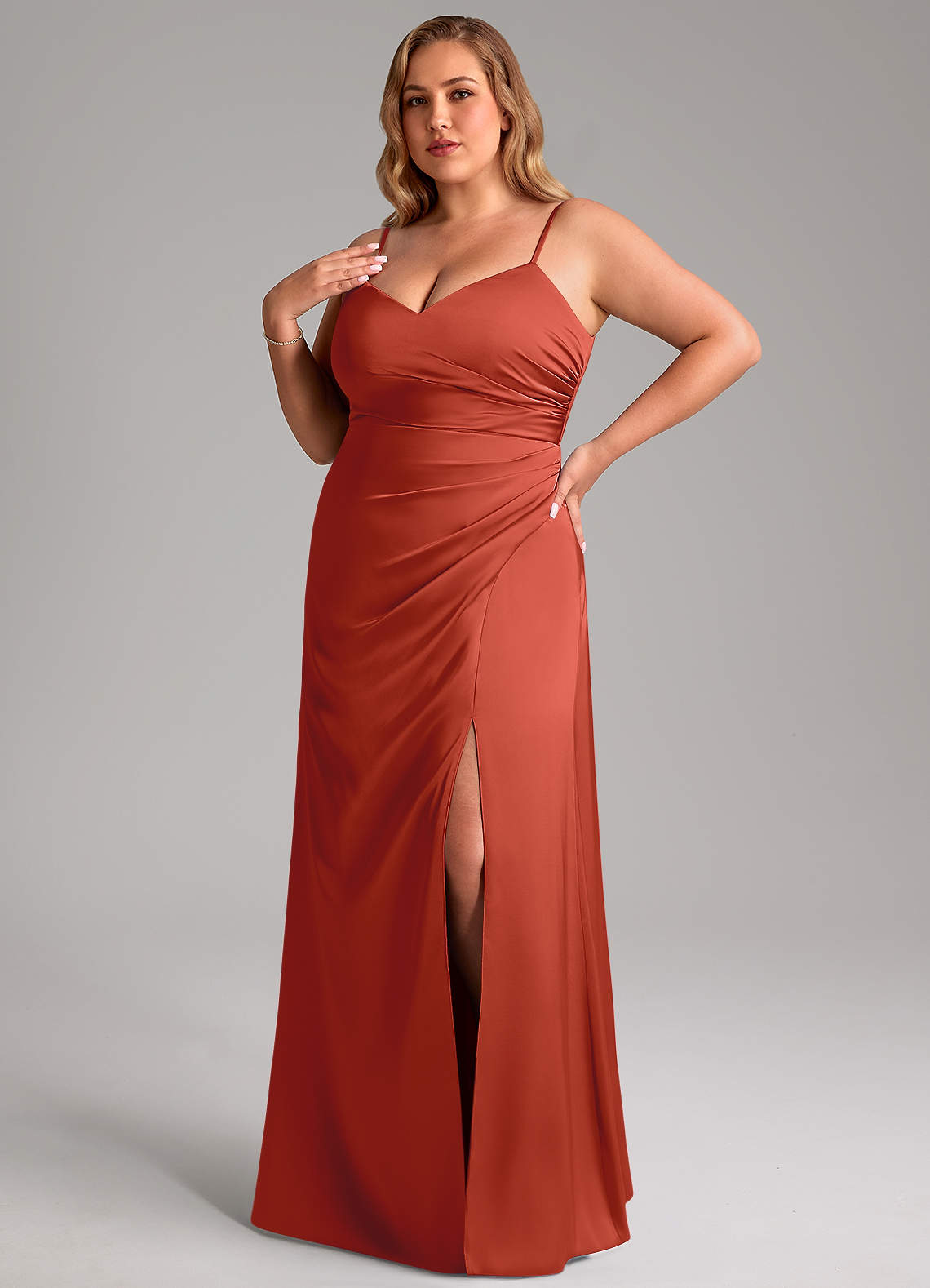 Azazie Azuree Bridesmaid Dresses Rust A-Line Pleated Stretch Satin Dress image1