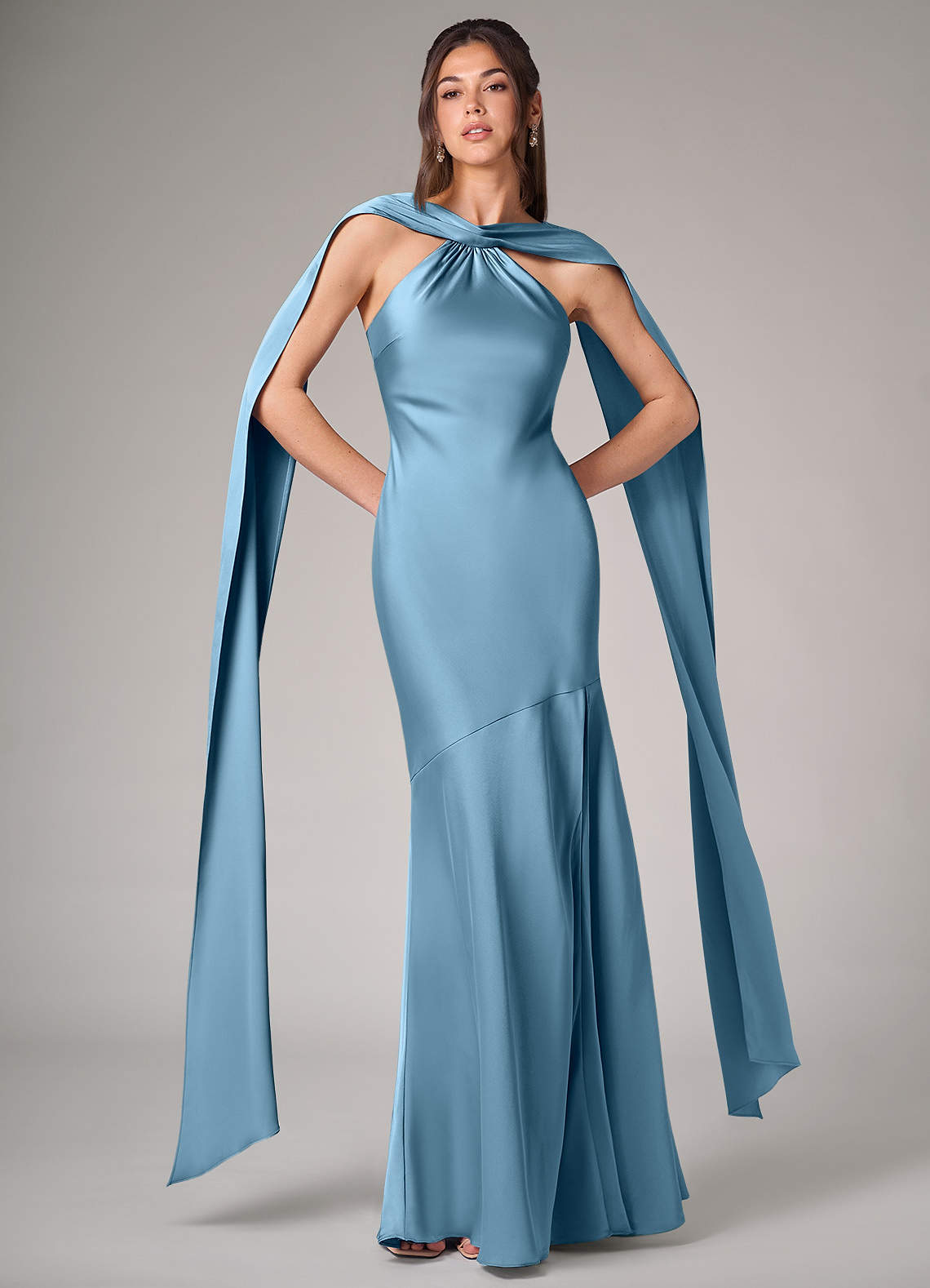 Azazie Kinsley Bridesmaid Dresses Steel Blue Mermaid Side Slit Stretch Satin Dress image1
