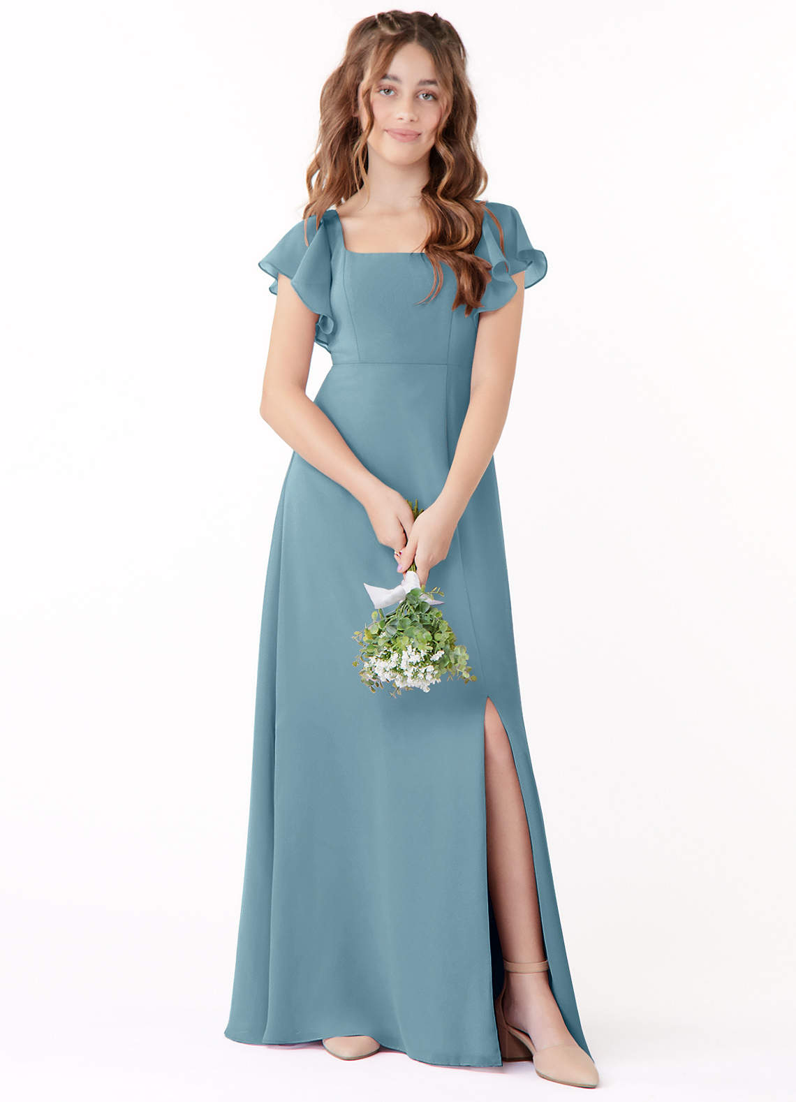 Azazie Bondi Junior Moody Blue A-Line Bow Chiffon Dress image1