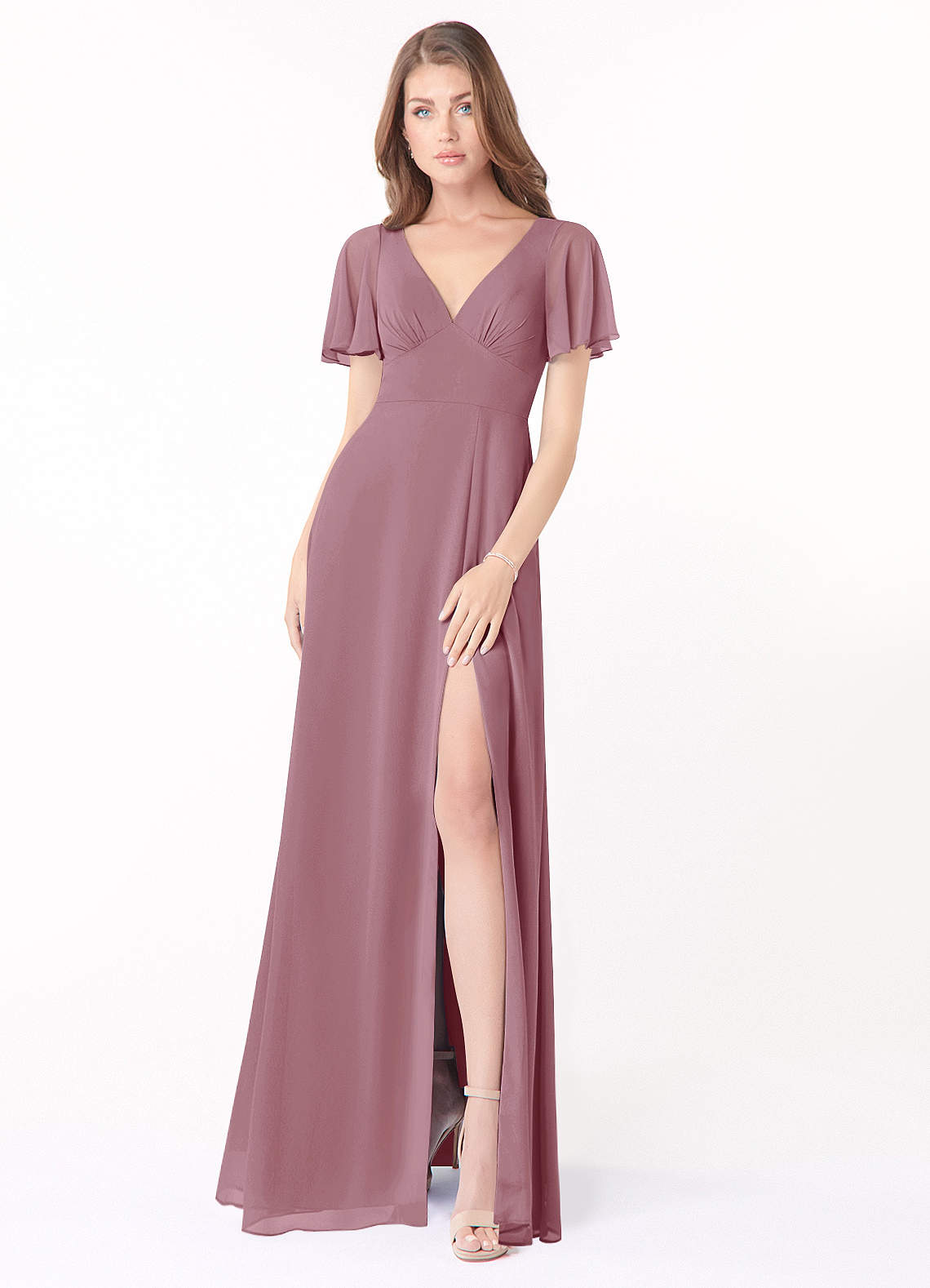 Azazie Kimber Bridesmaid Dresses Vintage Mauve A-Line Flounce Sleeve Chiffon Dress image1