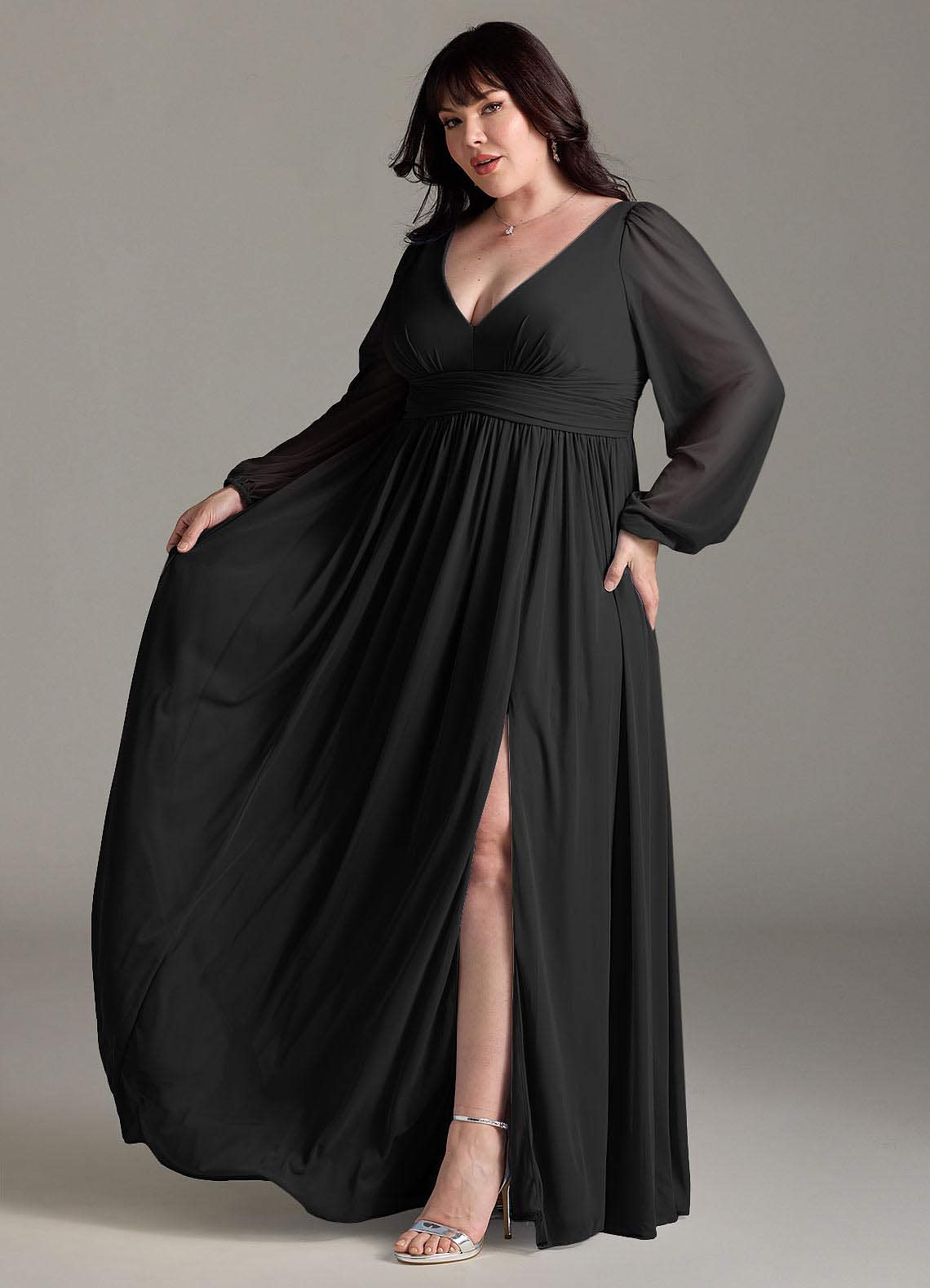 Azazie Norah At-home Try On Dresses Black A-Line V-Neck Long Sleeve Chiffon Dress image9