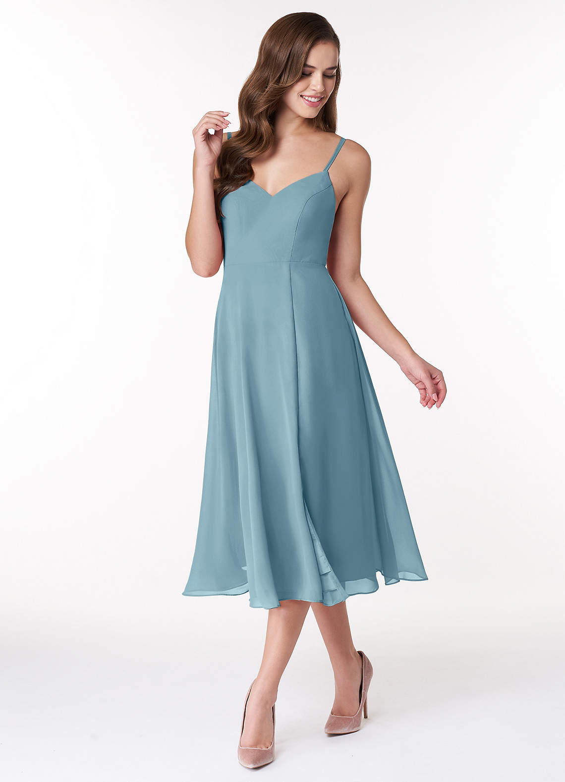 blue chiffon tea length dress A-line Chiffon Tea-Length Mother of the Bride Dress with Beaded 3/4 Sleeve Cape Sleeves S5106M - Mother of the Bride Dresses
