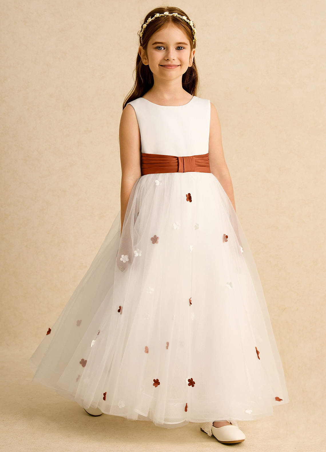 Azazie Cricket Flower Girl Dresses Ivory Burnt Orange Ball-Gown Pleated Matte Satin Dress image2