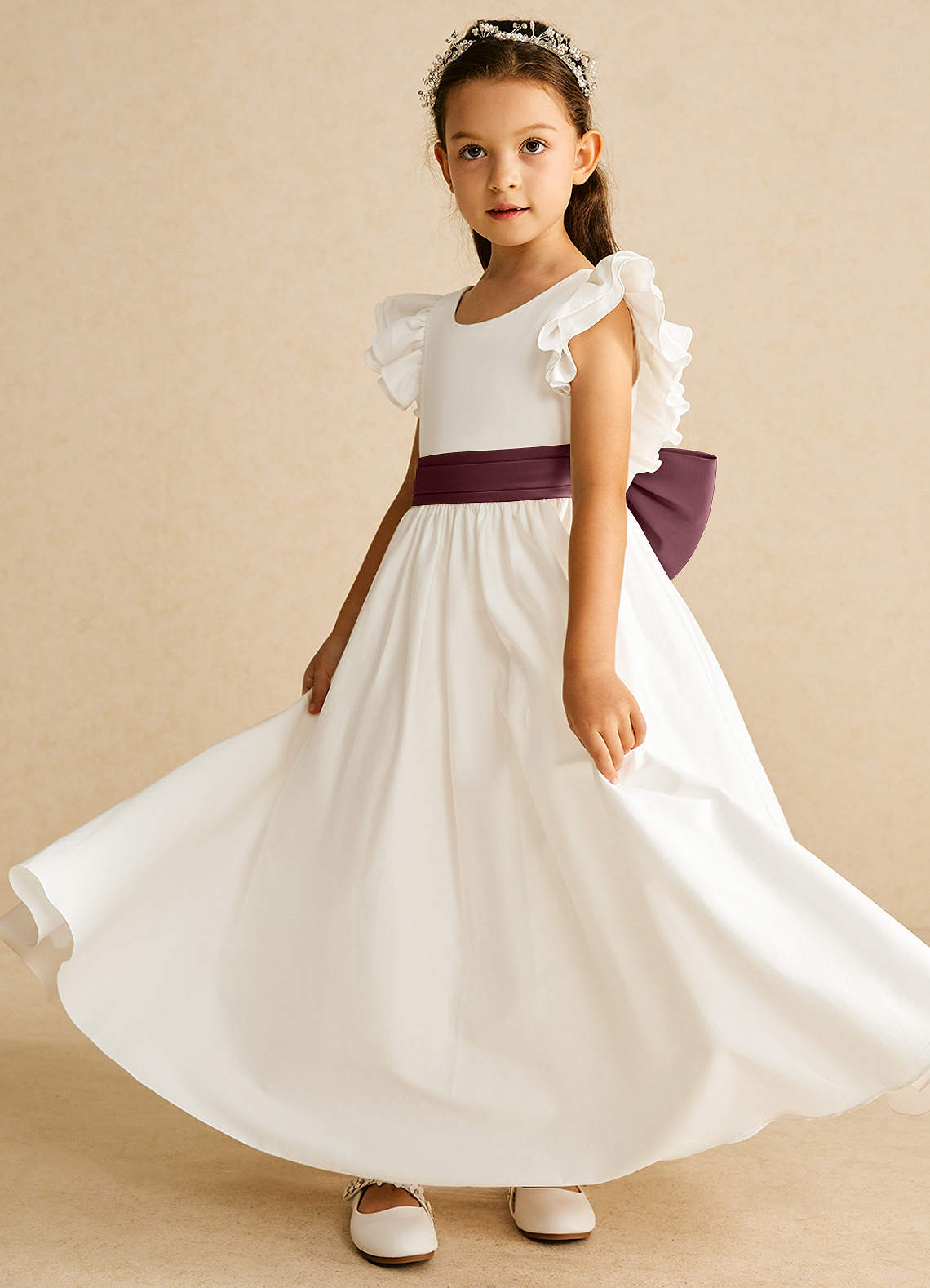 Azazie Aero Flower Girl Dresses Ivory Sangria A-Line Pleated Cotton Dress image1