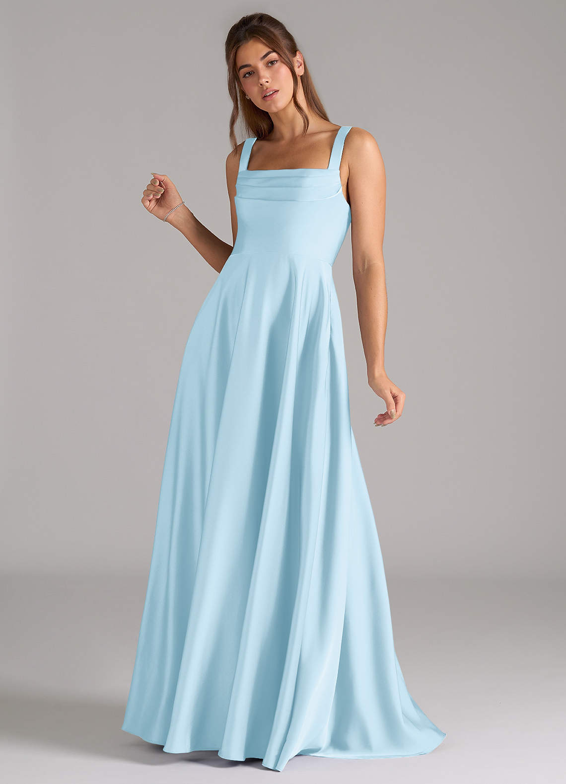 Azazie Shaude Bridesmaid Dresses Sky Blue A-Line Pleated Stretch Satin Dress image4