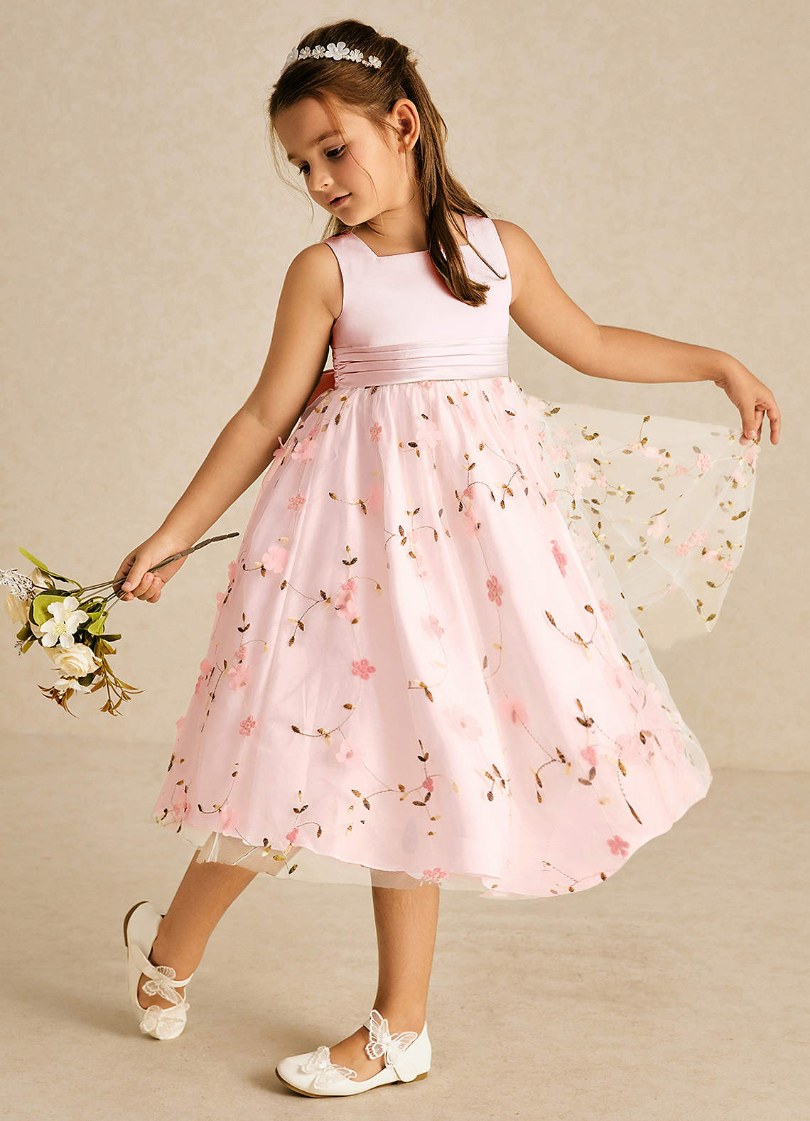 Azazie Pollie Flower Girl Dresses Blushing Pink A-Line Bow Tulle Dress image1