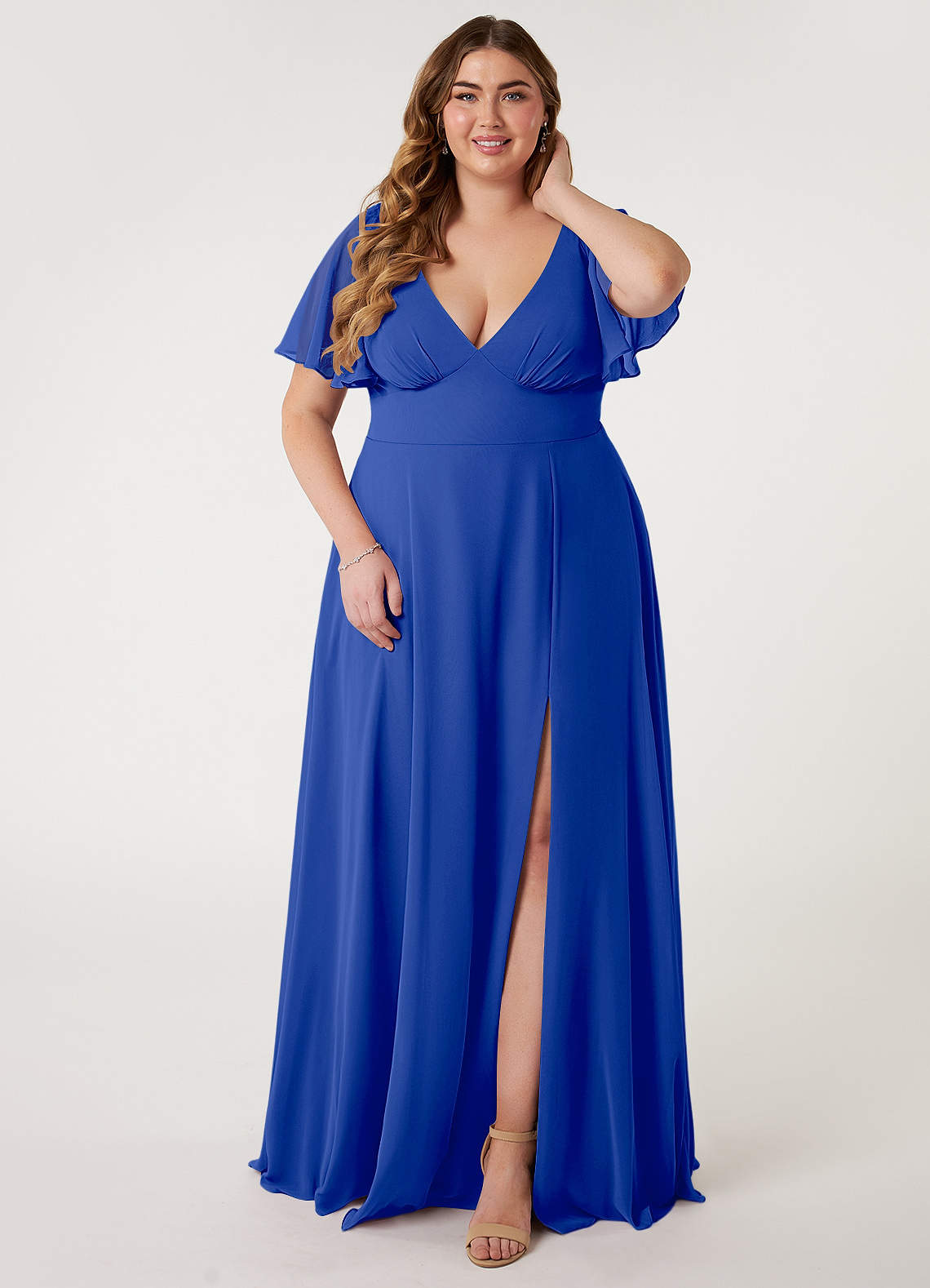 Azazie Kimber Bridesmaid Dresses Royal Blue A-Line Flounce Sleeve Chiffon Dress image1
