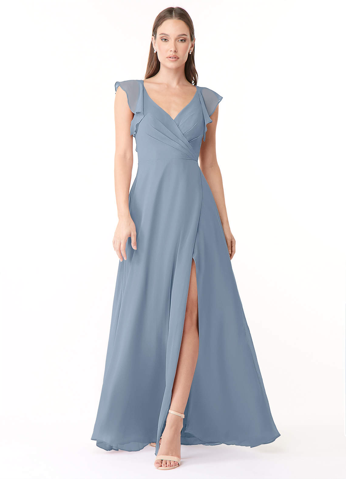 Azazie Yoko Abiti da Damigella Abito A-Line in Chiffon Increspato Blu Polveroso image1