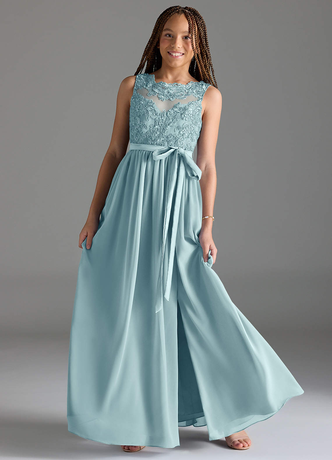 Azazie Elly Junior Sea Glass A-Line Lace Chiffon Dress image1
