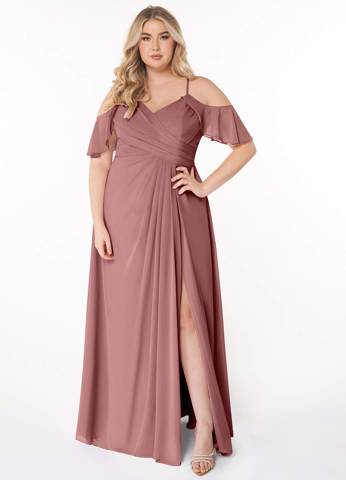 Azazie Dakota Bridesmaid Dresses Desert Rose A-Line V-Neck Pleated Chiffon Dress image1