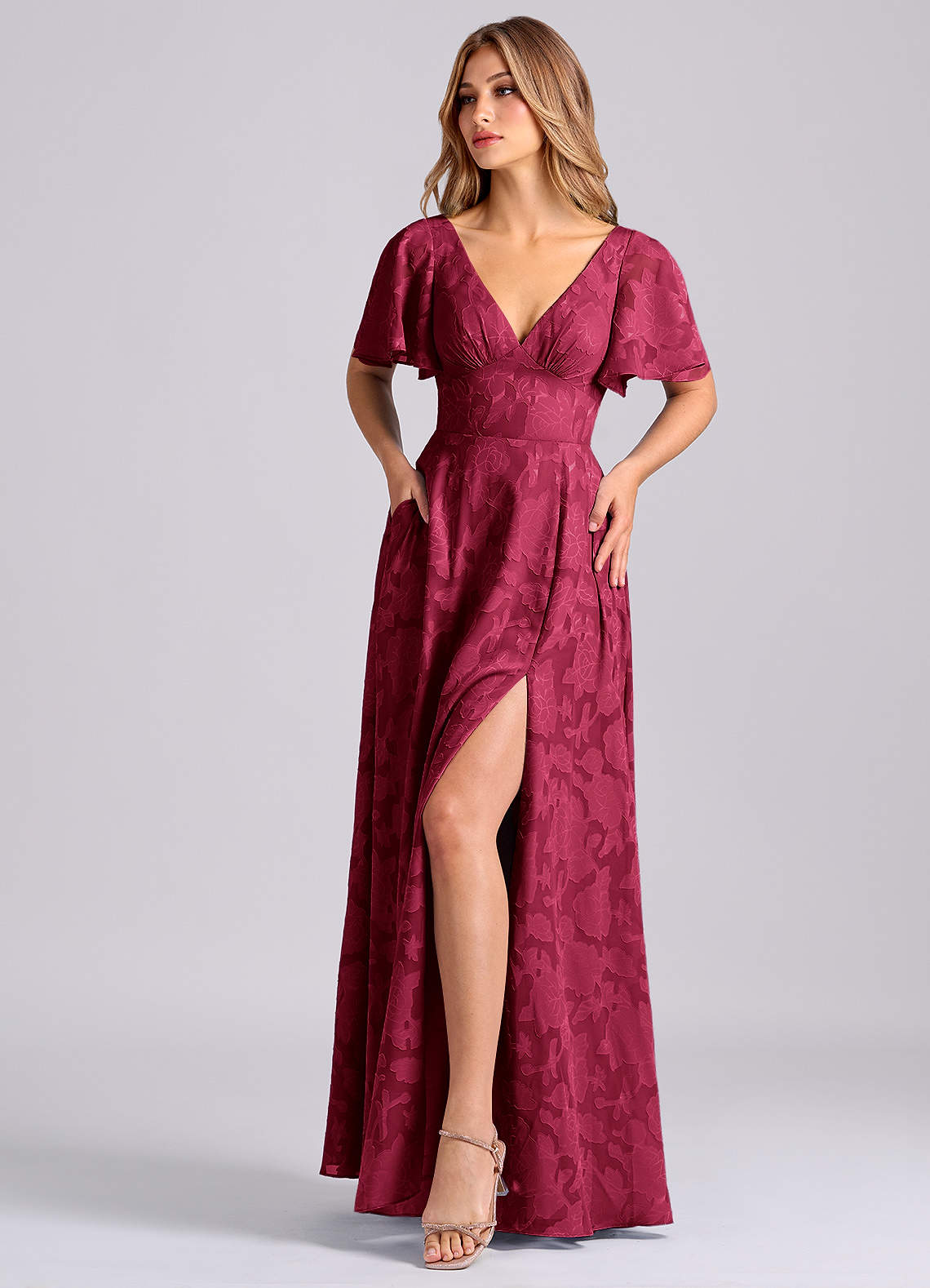 Azazie Kimber Bridesmaid Dresses Burgundy A-Line with Pockets Floral Burnout Dress image5