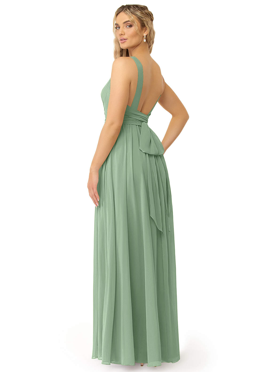 Azazie Kora At-home Try On Dresses Matcha A-Line Pleated Chiffon Dress image2