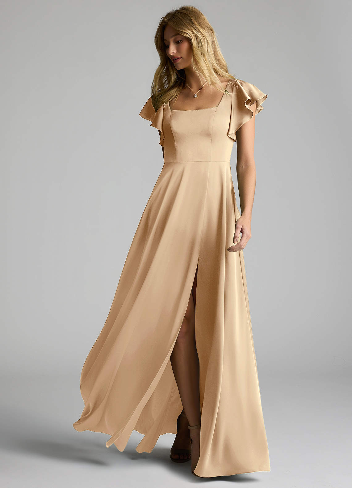 Azazie Bondi Bridesmaid Dresses Champagne A-Line Bow Stretch Satin Dress image4