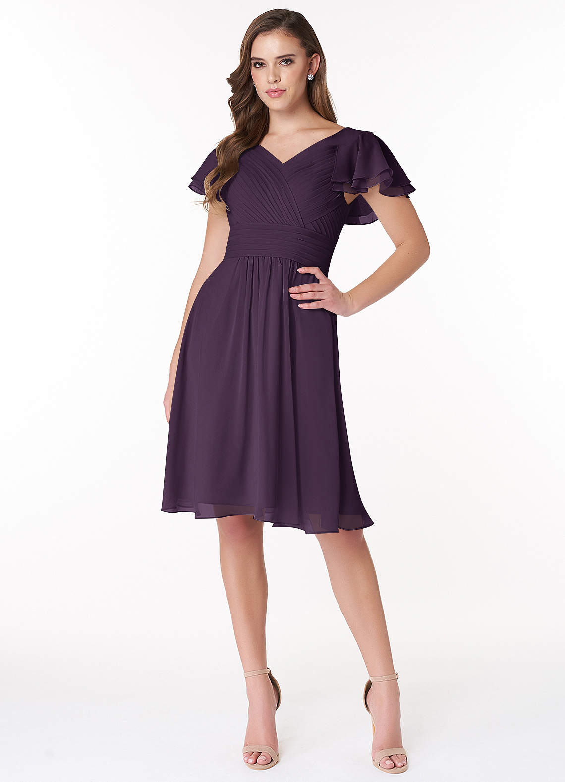 Azazie Hadley Modest Bridesmaid Dresses A-Line Pleated Chiffon Knee-Length Dress image1