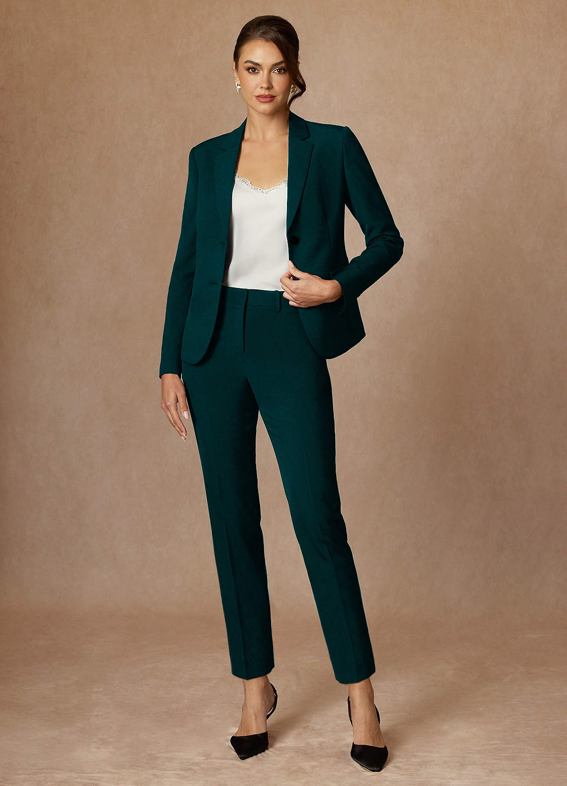 front Whitney Pine Structured Stretch Full Length Pants Suit