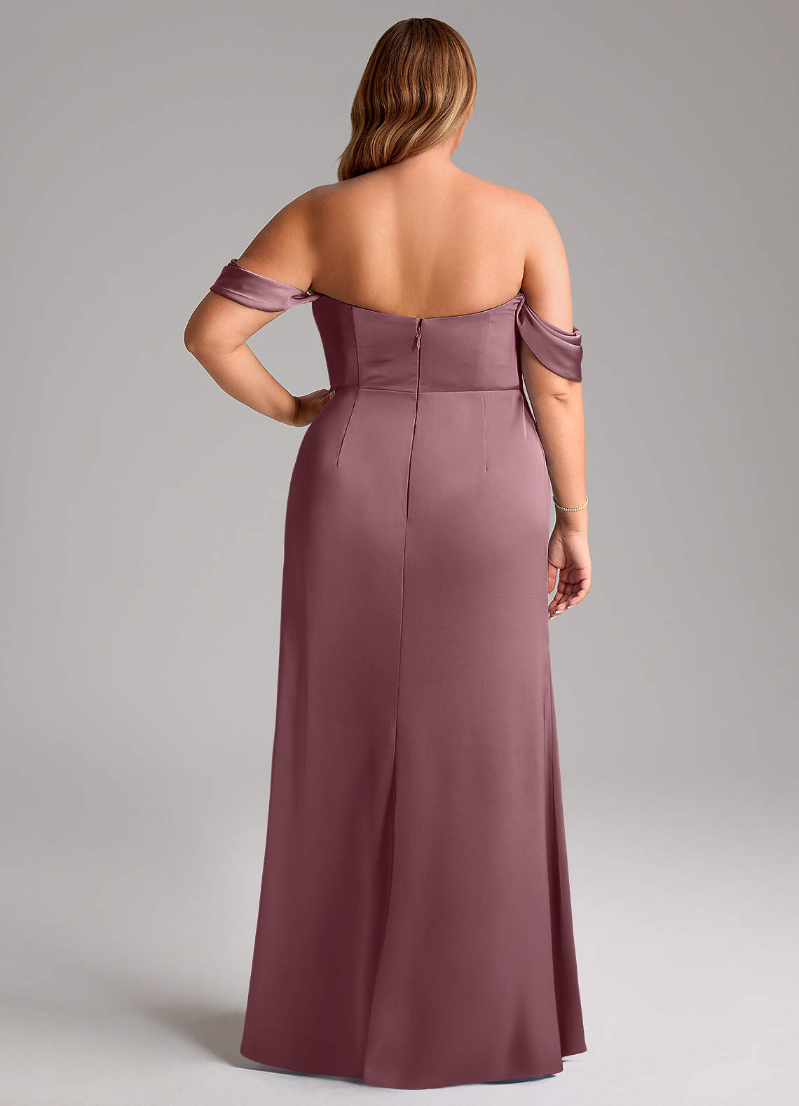 Azazie Saige At-home Try On Dresses Amethyst Sheath Off the Shoulder Stretch Satin Dress image12