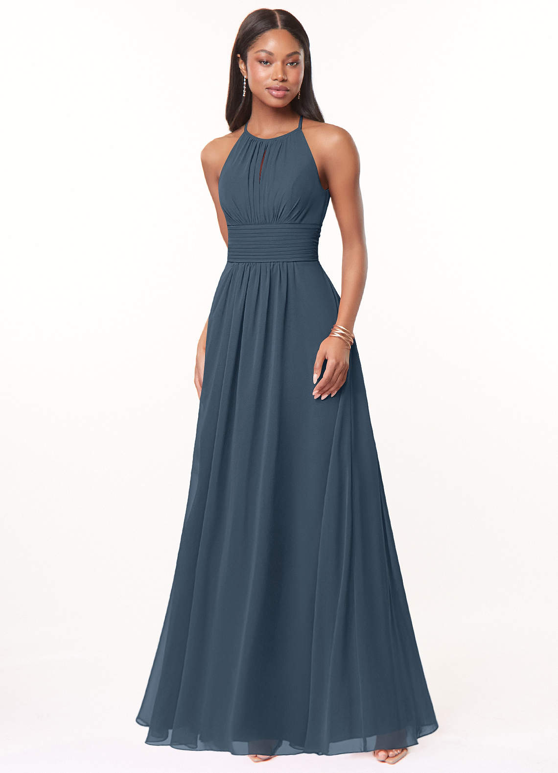 Azazie Bonnie Brautjungfernkleider A-Linie Schlüsselloch Gerüscht Chiffon Kleid Neptunblau image1