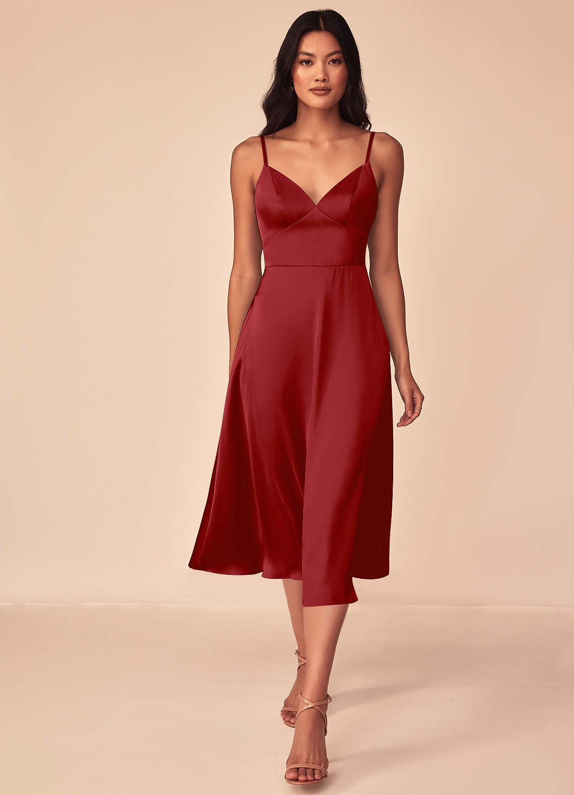 Azazie Dottie Bridesmaid Dresses Pomegranate A-Line Stretch Satin Dress image1