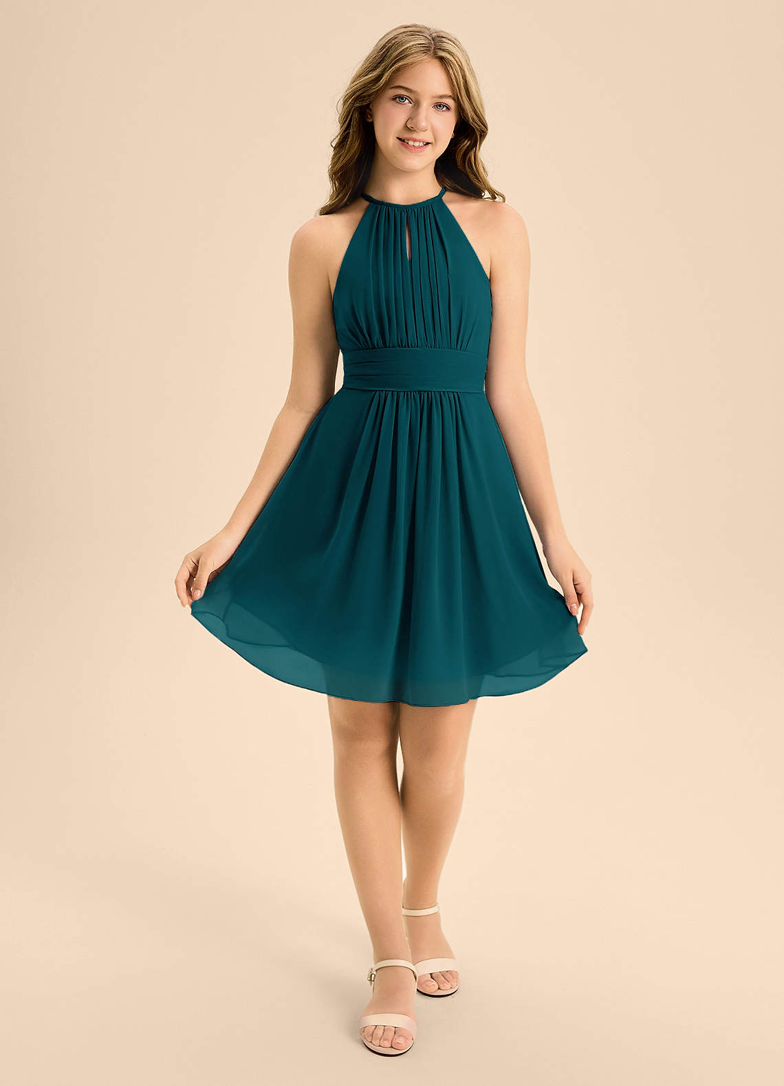 Azazie Bonnie Junior Pine A-Line Pleated Chiffon Dress image1