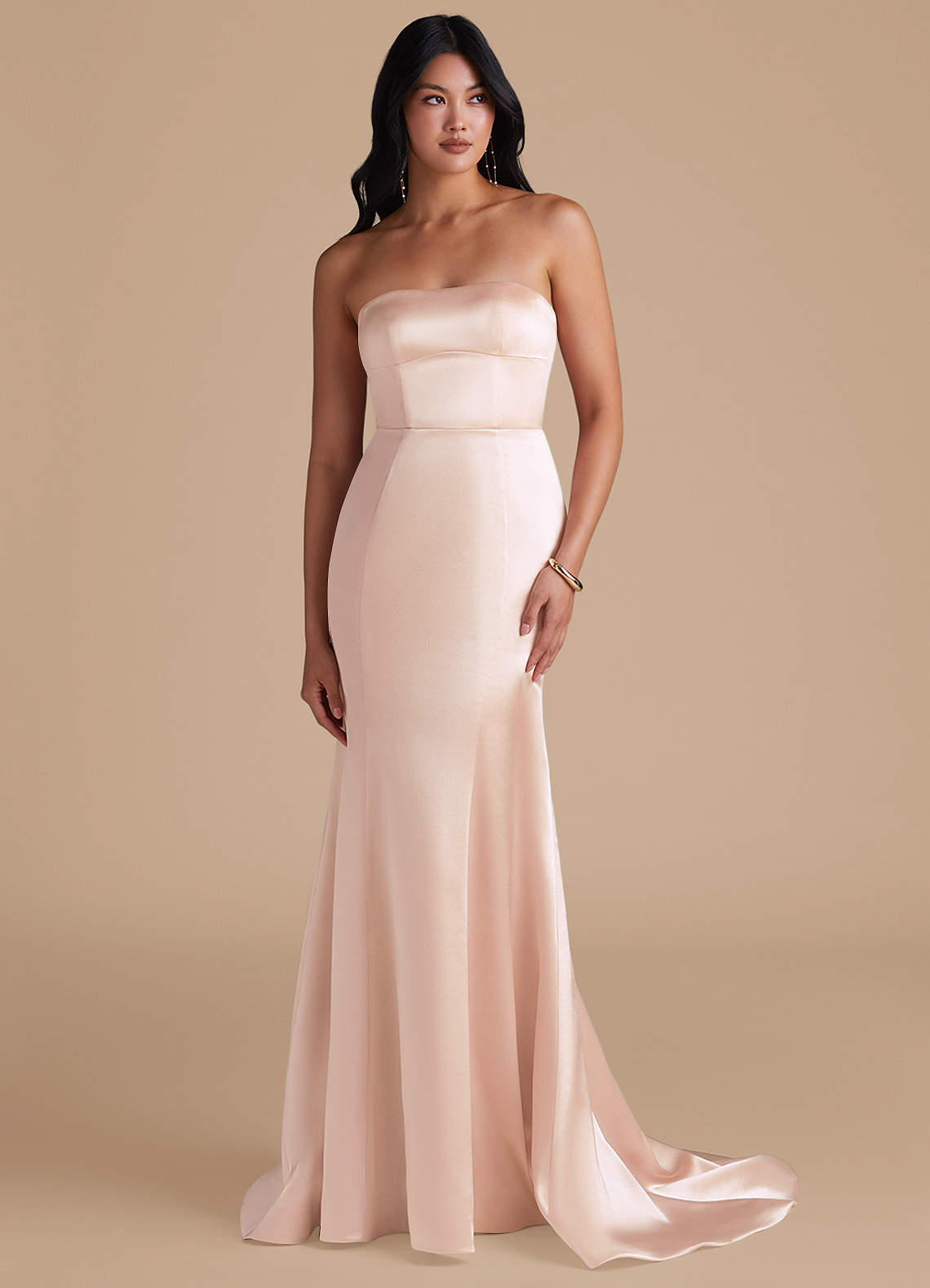 Azazie Aura Bridesmaid Dresses Rose Gold Mermaid Metallic Satin Convertible Dress image1