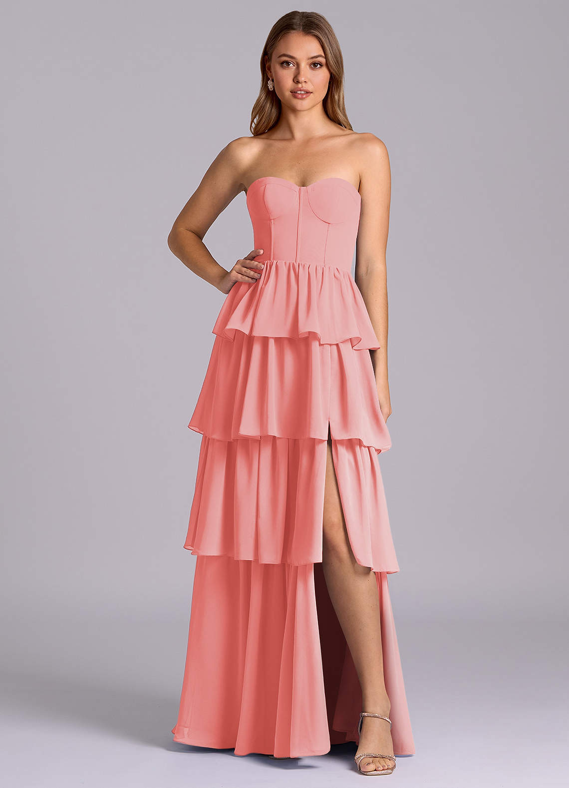 Azazie Faye Bridesmaid Dresses Coral A-Line Sweetheart Neckline Chiffon Dress image1