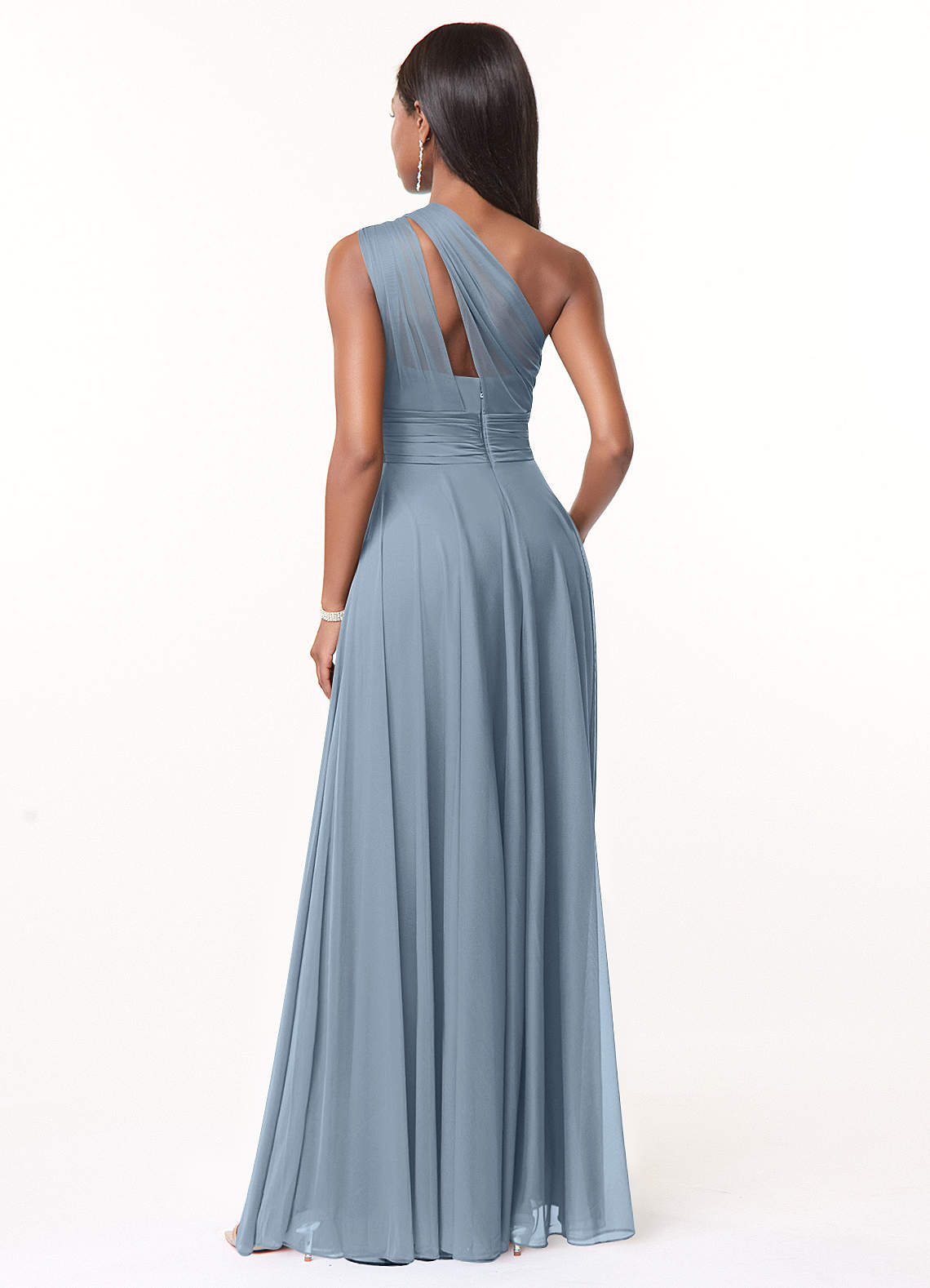 Azazie Charlize Vestidos de damas de honor Vestido de Azul Polvoriento de Malla de Corte en A con Hombro unilateral image1