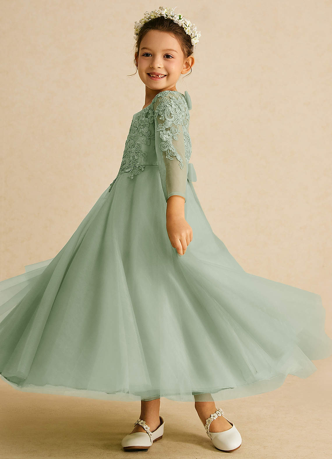 Azazie Precious Flower Girl Dresses Dusty Sage A-Line Lace Tulle Dress image4