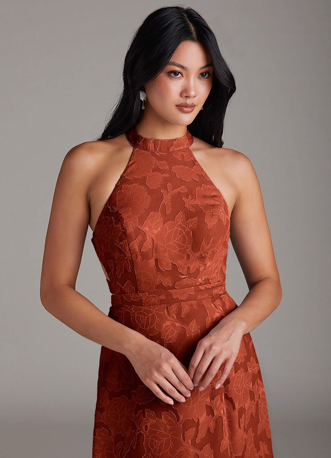 Azazie Clarice Bridesmaid Dresses Auburn A-Line Side Slit Floral Burnout Dress image4