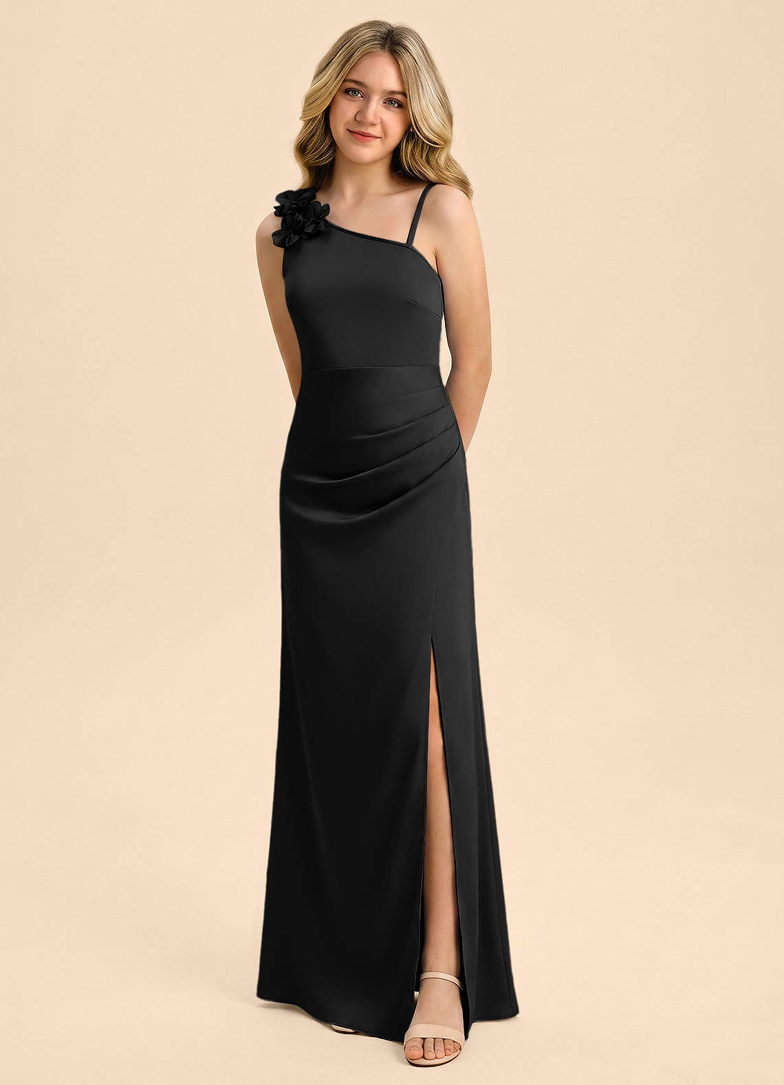 black satin junior bridesmaid dress Azazie Sheath One-Shoulder Floor-Length Stretch Satin Junior Bridesmaid Dresses