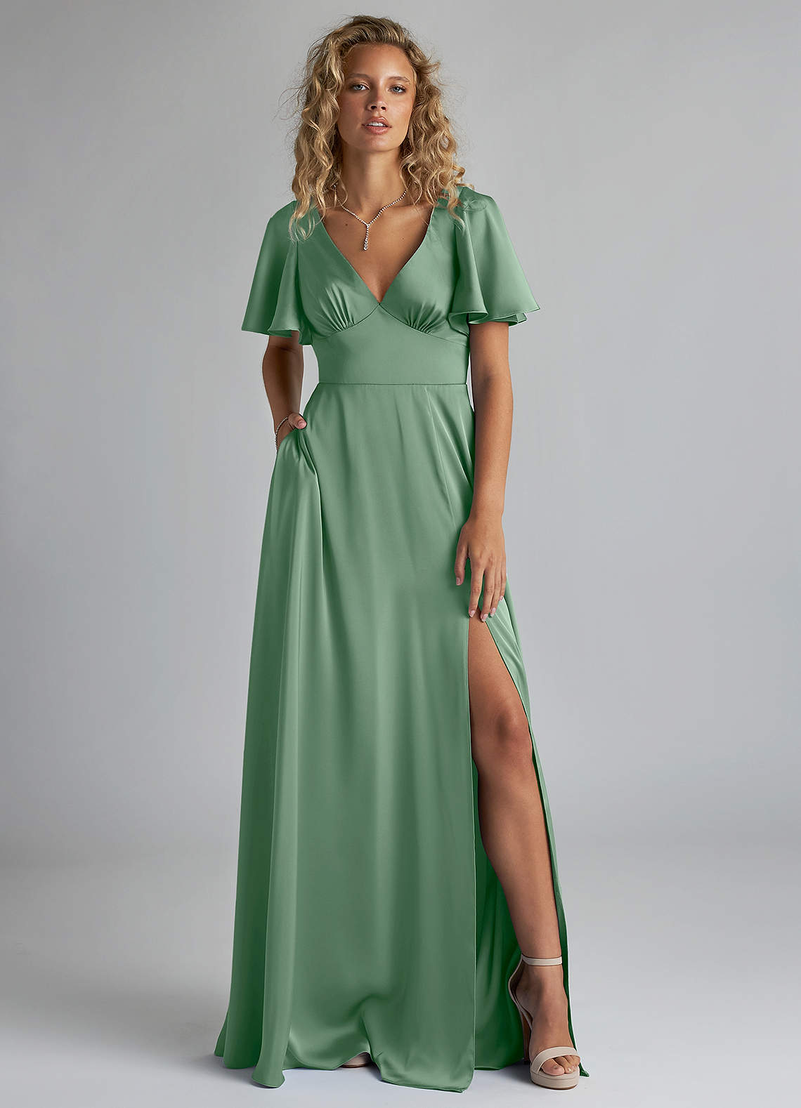 Off-the-Shoulder Sheath Chiffon Ruched Bridesmaid Dress in Matcha