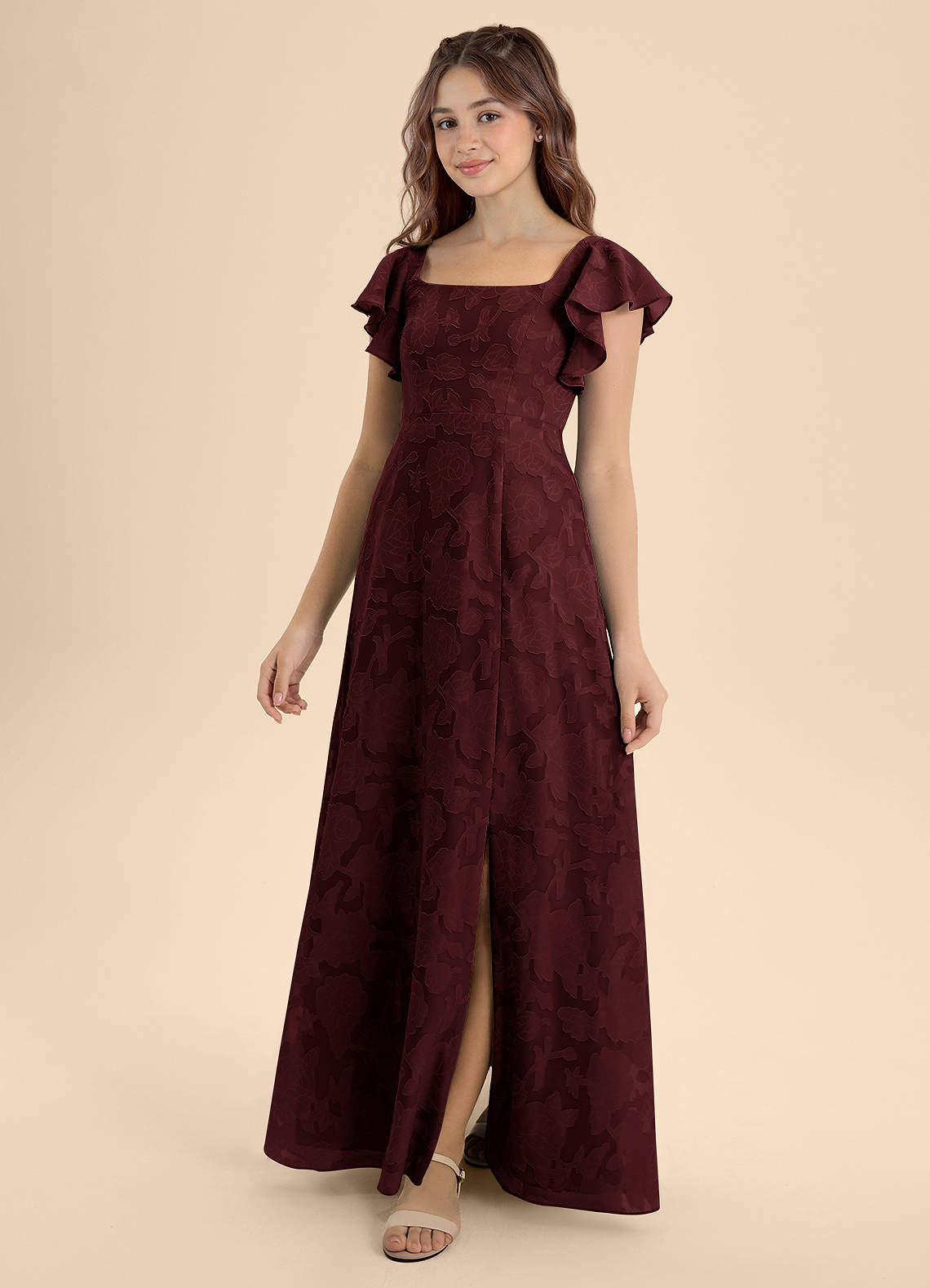 Azazie Bondi Junior Cabernet A-Line Bow Floral Burnout Dress image1