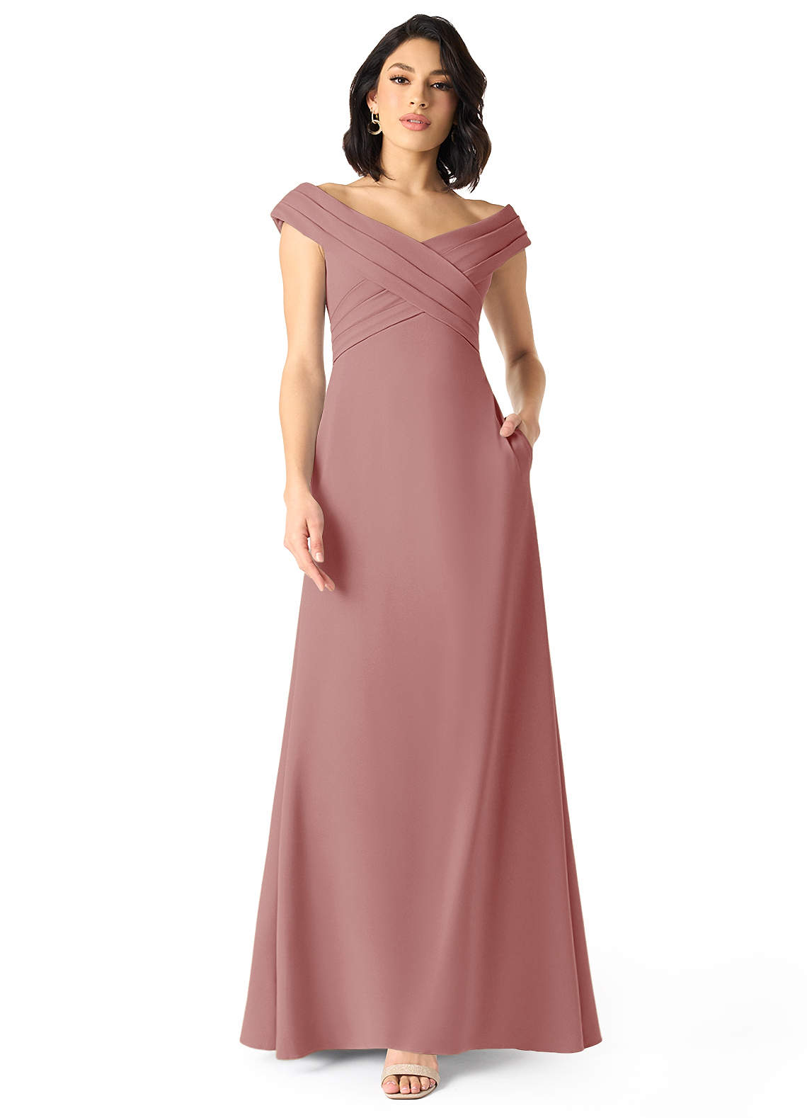 Azazie Evita Robes de demoiselle d'honneur Robe Trapèze en Crêpe Élastique Épaule décolletée Rose Poussiéreuse image1
