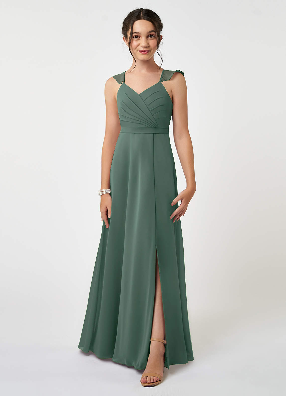 Azazie Emily Junior Sea Moss A-Line Ruched Chiffon Dress image1
