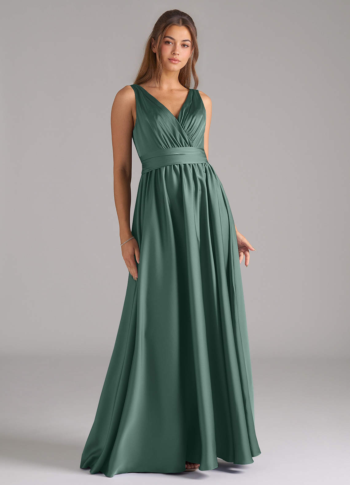Azazie Kora Brautjungfernkleider A-Linie Plissee Stretch-Satin Kleid Eukalyptus image1