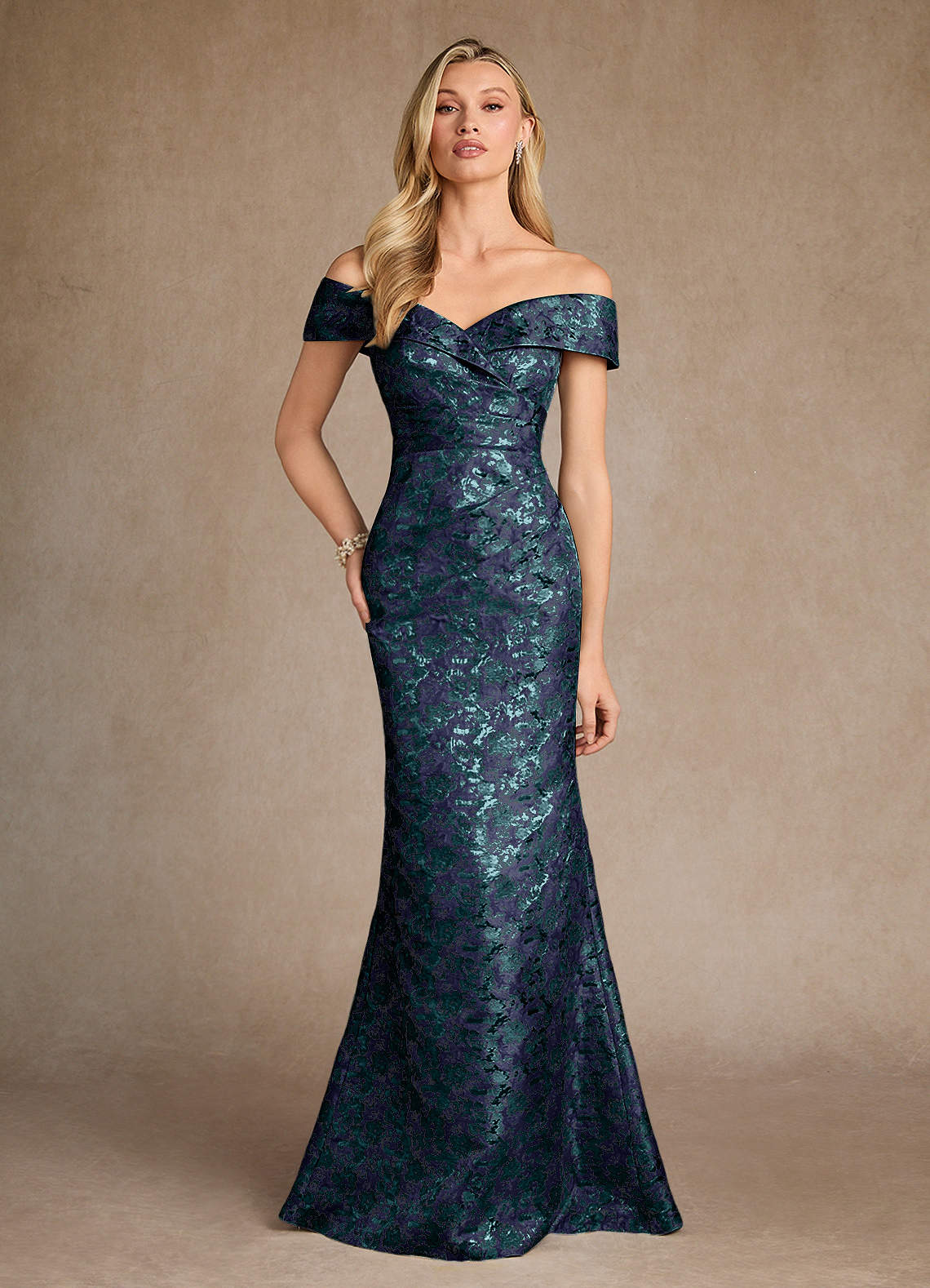 Azazie Canton Dark Navy Mermaid Off the Shoulder Jacquard Dress