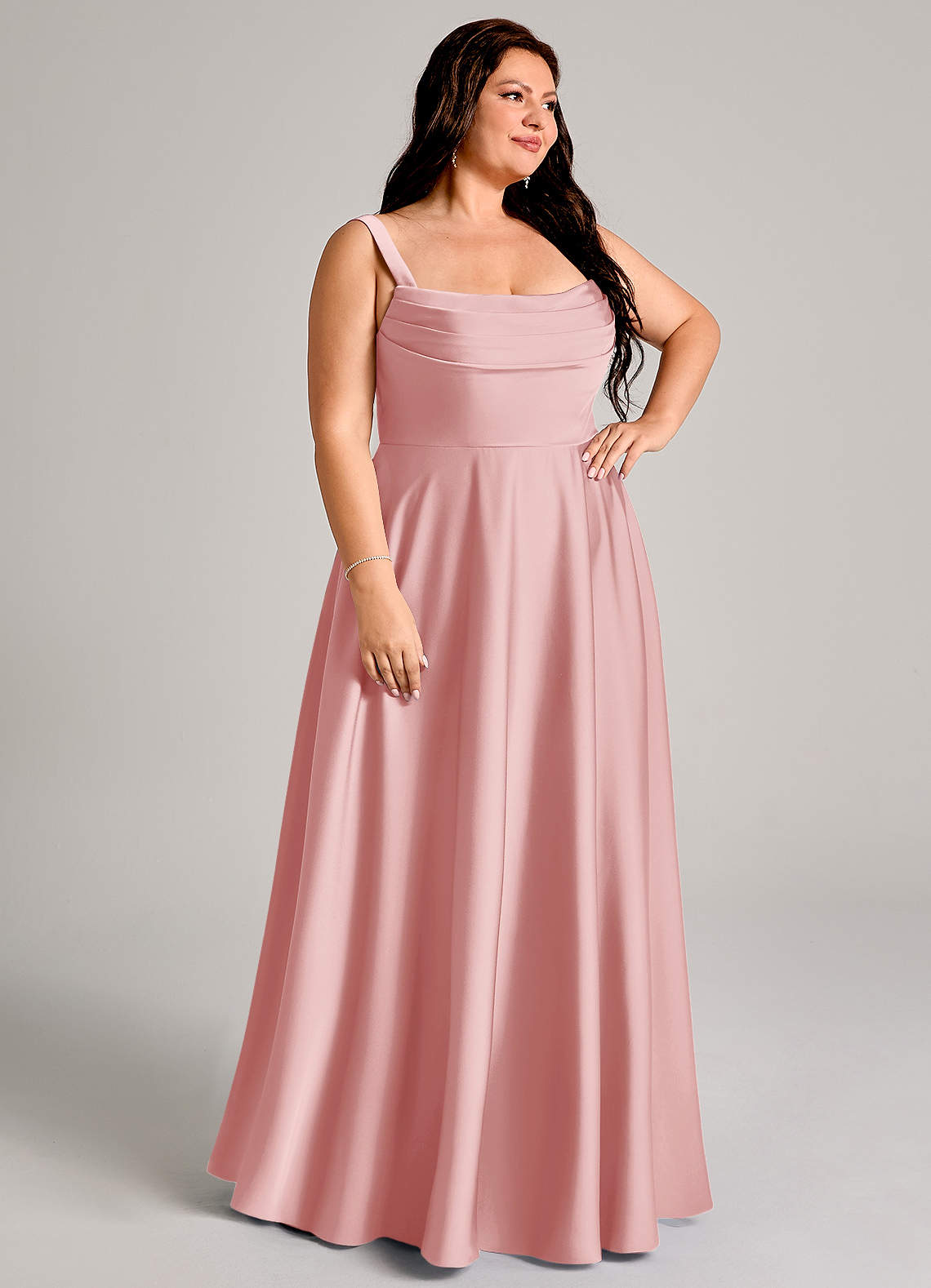 Azazie Shaude Bridesmaid Dresses Powder Pink A-Line Pleated Stretch Satin Dress image9