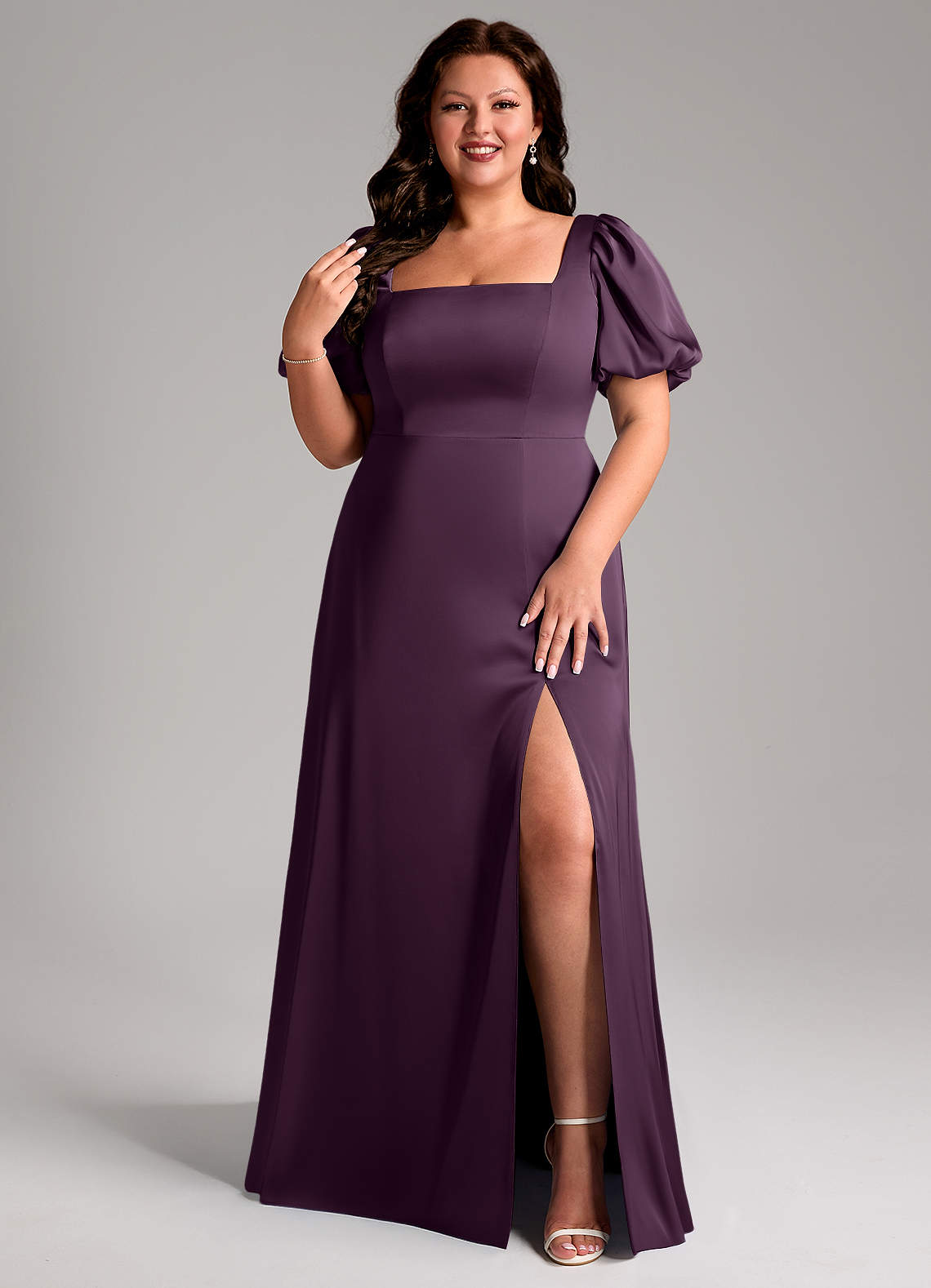 Azazie Fyona Bridesmaid Dresses Plum A-Line Pleated Stretch Satin Dress image1