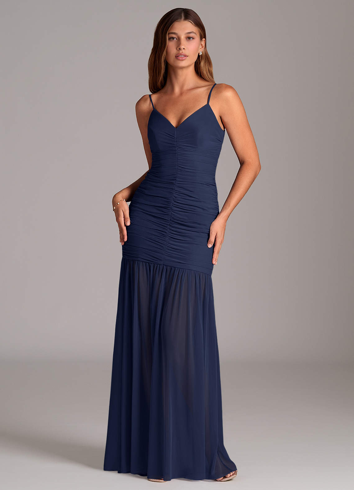 Azazie Aimie Jurken voor bruidsmeisjes Jurk van Mesh met Zeemeermin Donkere Marine image1