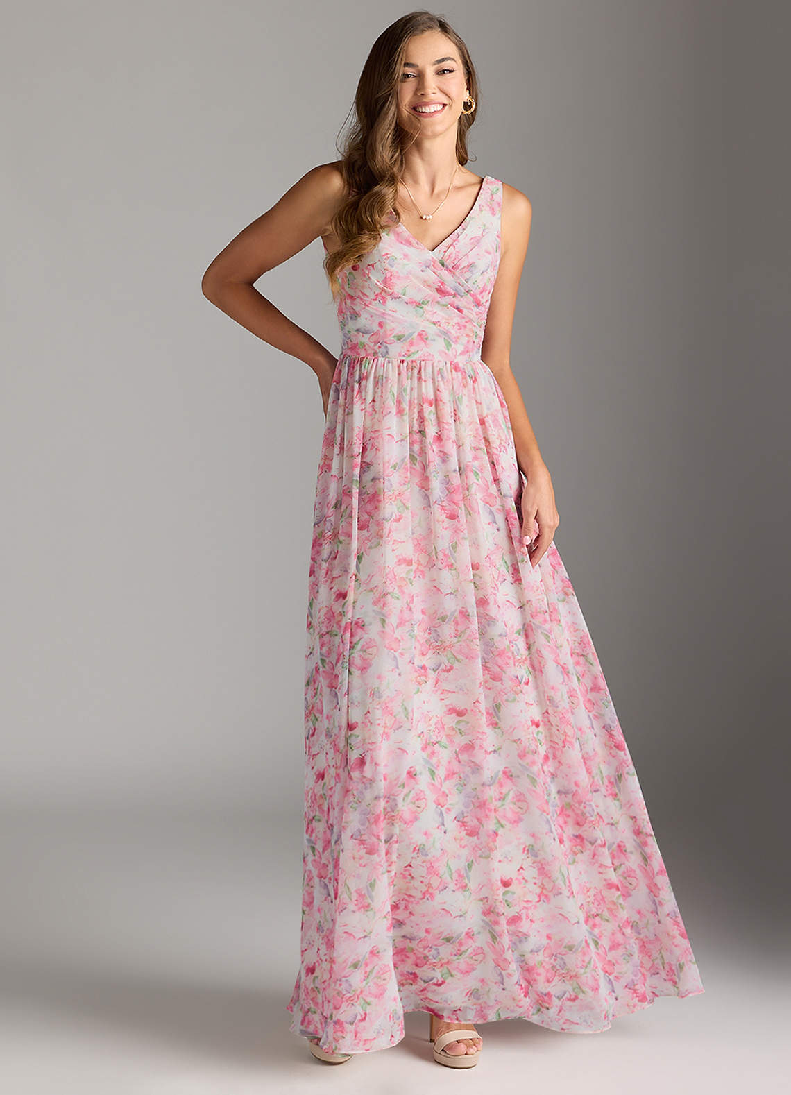 pink and green floral bridesmaid dresses Whitney Satin Floral Print Dress main image 0